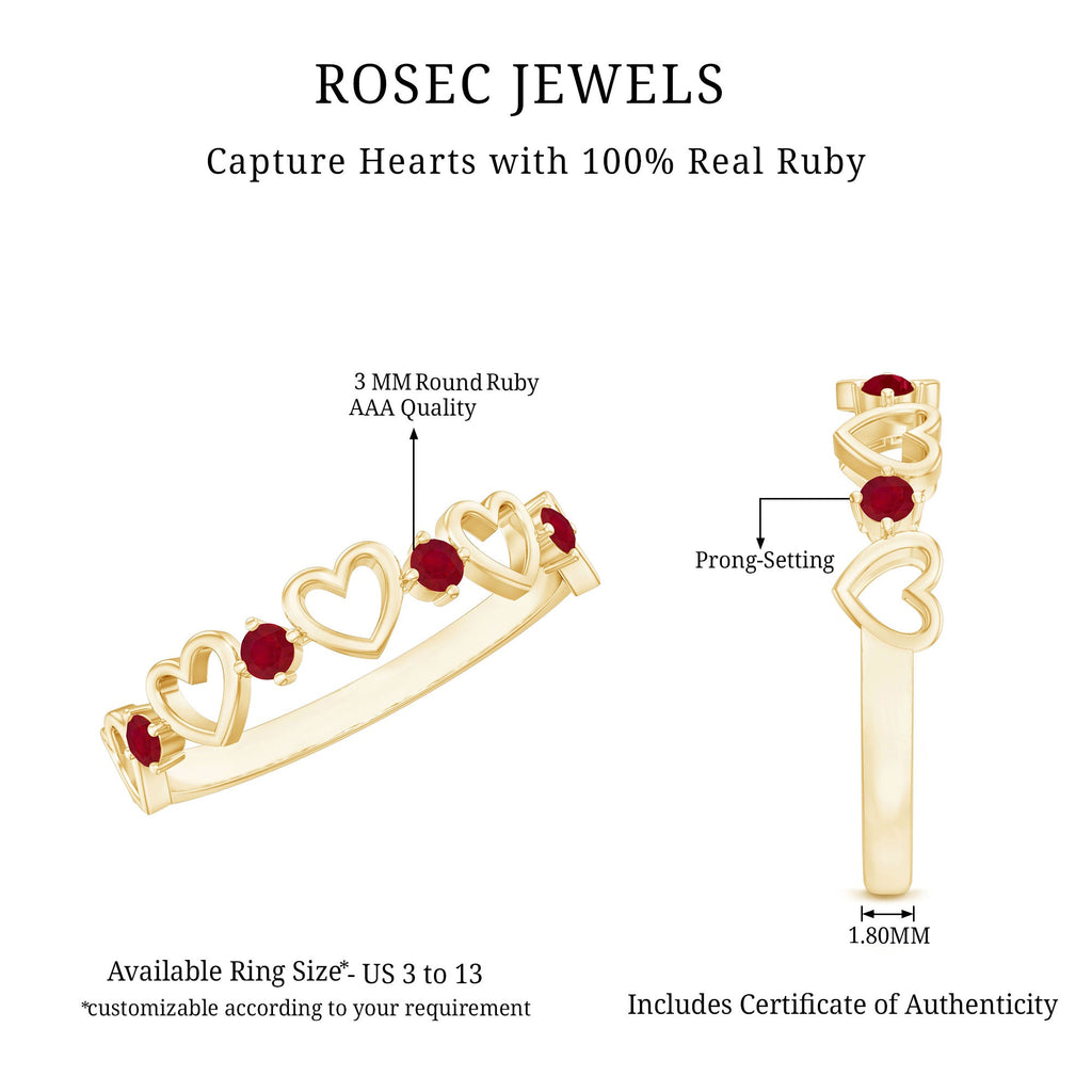Round Shape Ruby Open Heart Half Eternity Ring