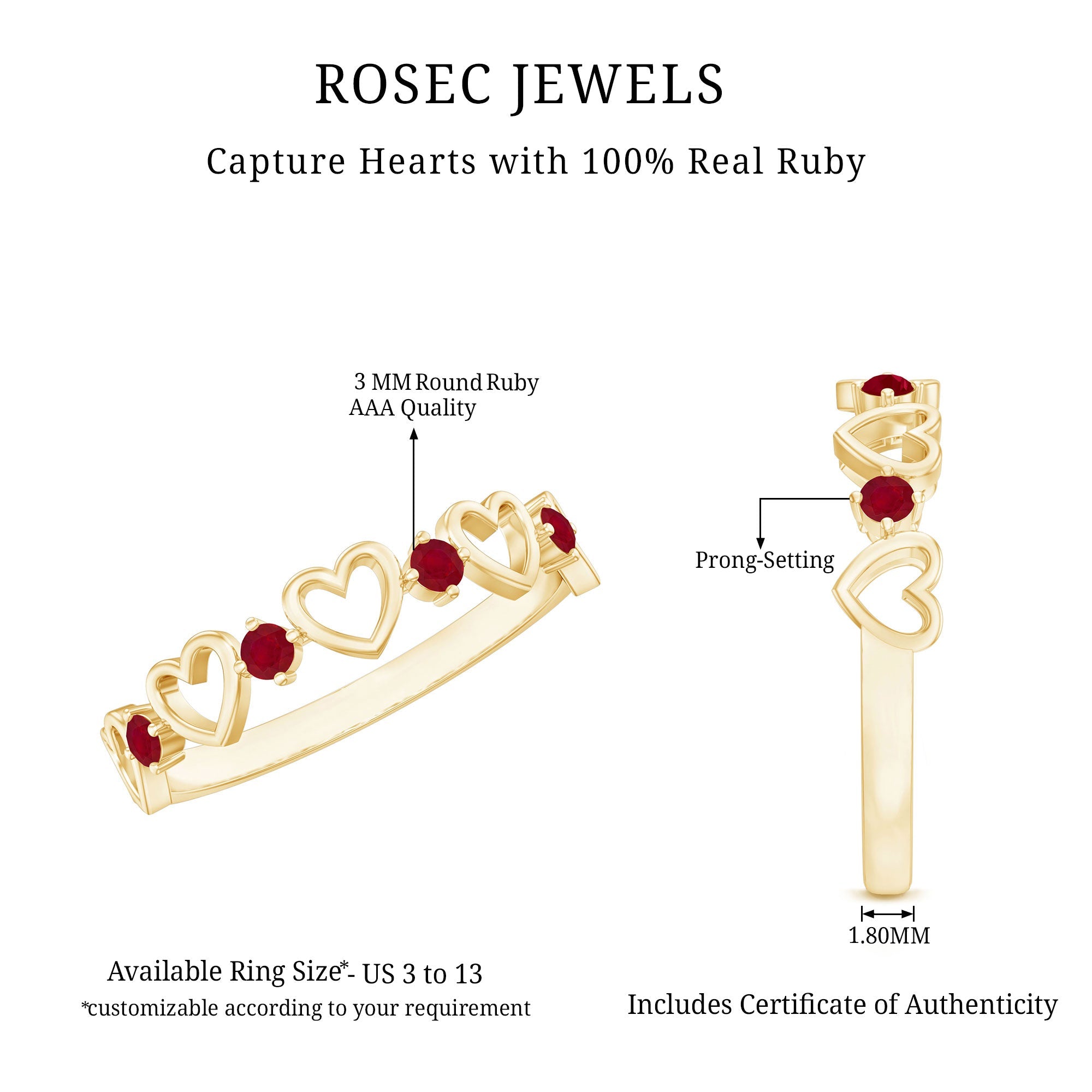 Round Shape Ruby Open Heart Half Eternity Ring