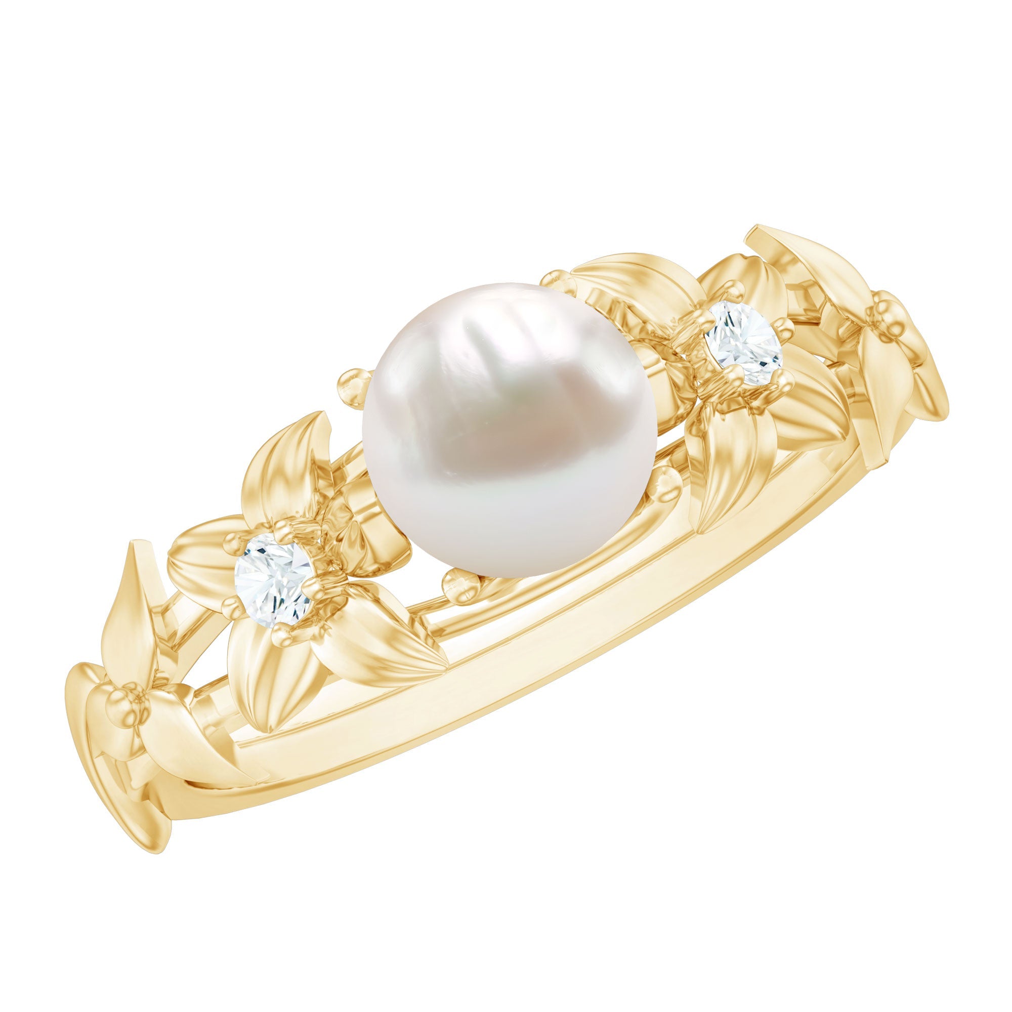 2.25 CT Freshwater Pearl Flower Band Ring with Diamond