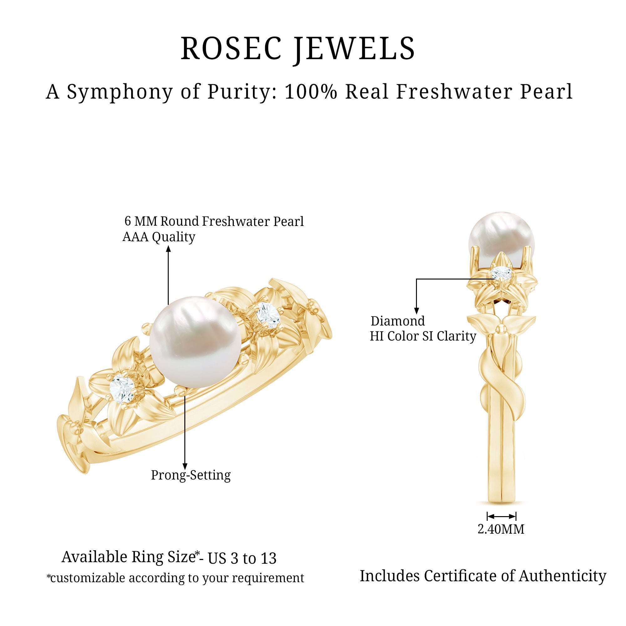 2.25 CT Freshwater Pearl Flower Band Ring with Diamond