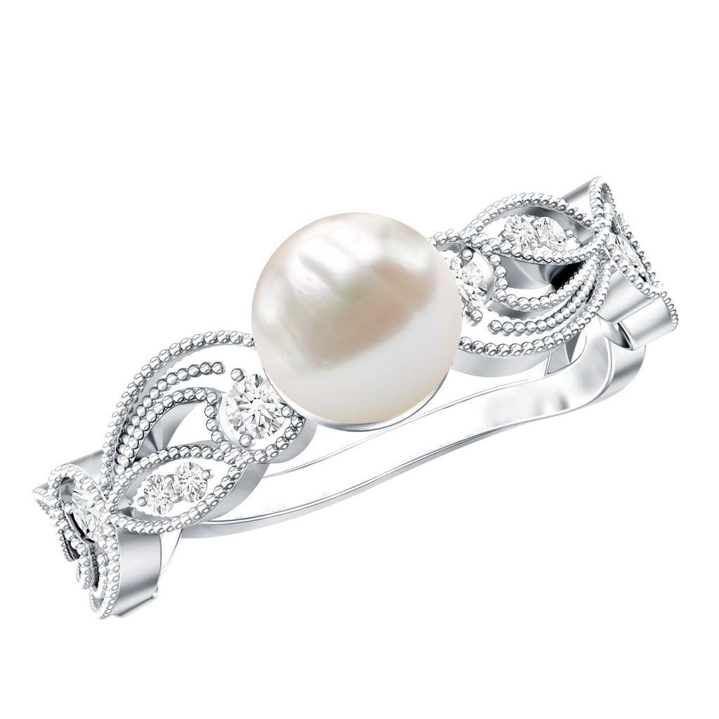 2.5 CT Freshwater Pearl Solitaire Beaded Ring with Diamond