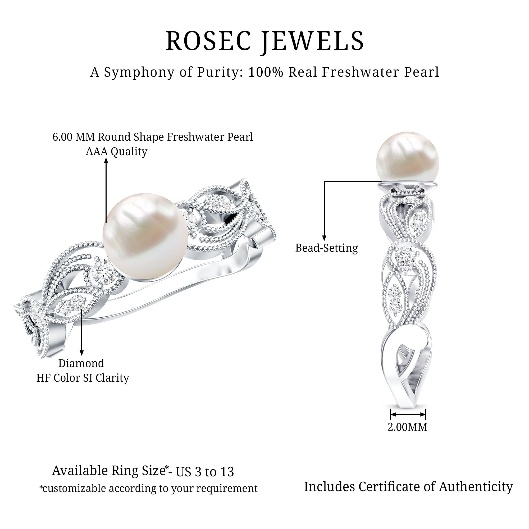 2.5 CT Freshwater Pearl Solitaire Beaded Ring with Diamond