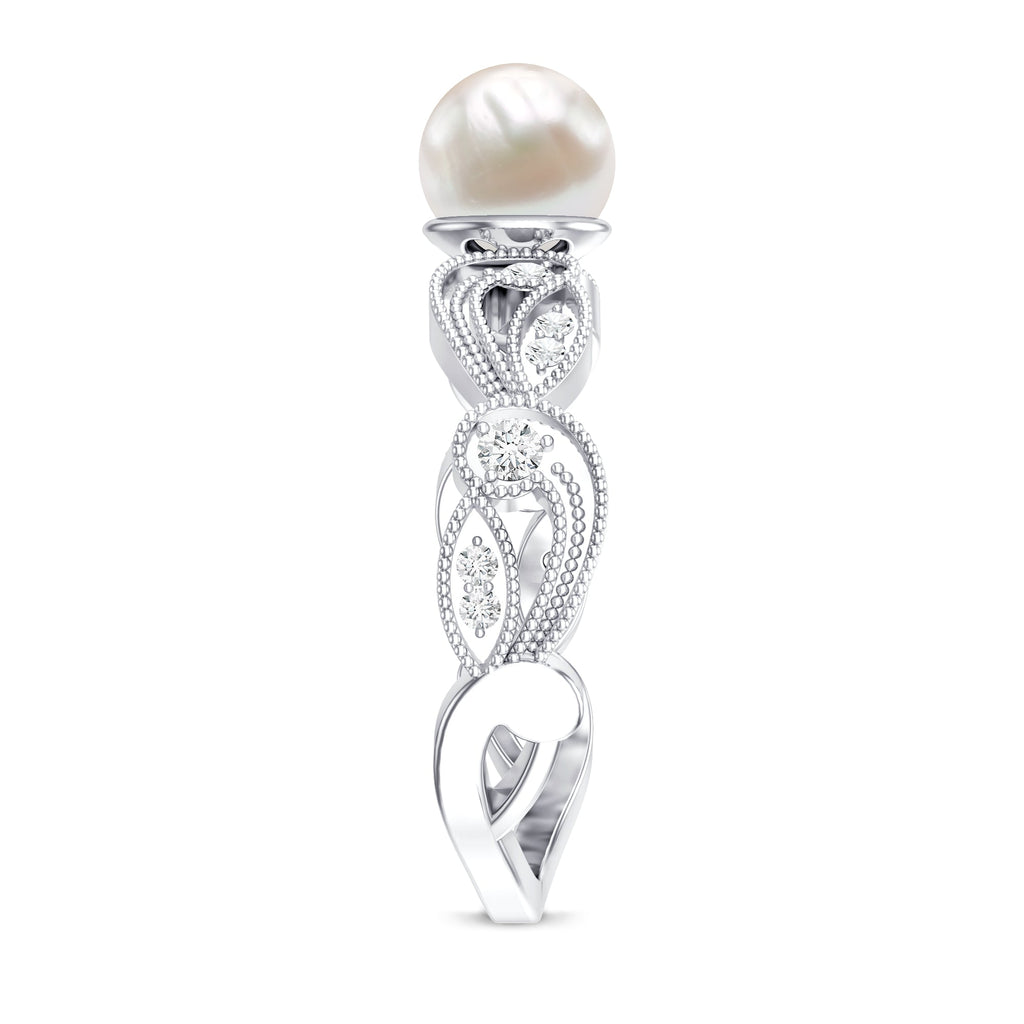 2.5 CT Freshwater Pearl Solitaire Beaded Ring with Diamond