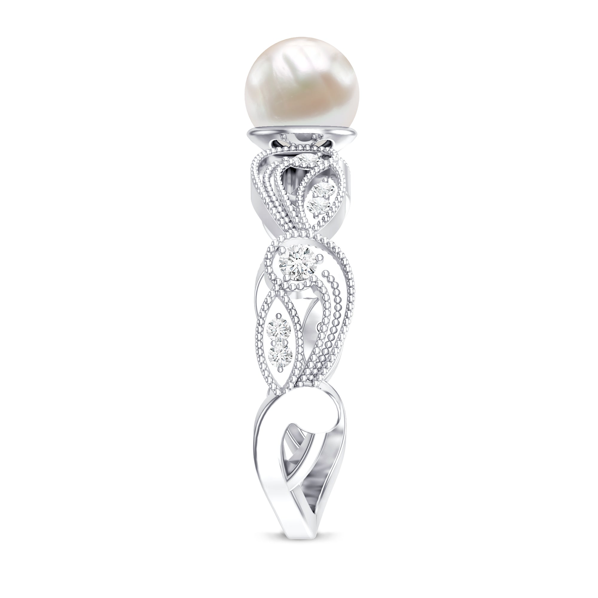 2.5 CT Freshwater Pearl Solitaire Beaded Ring with Diamond