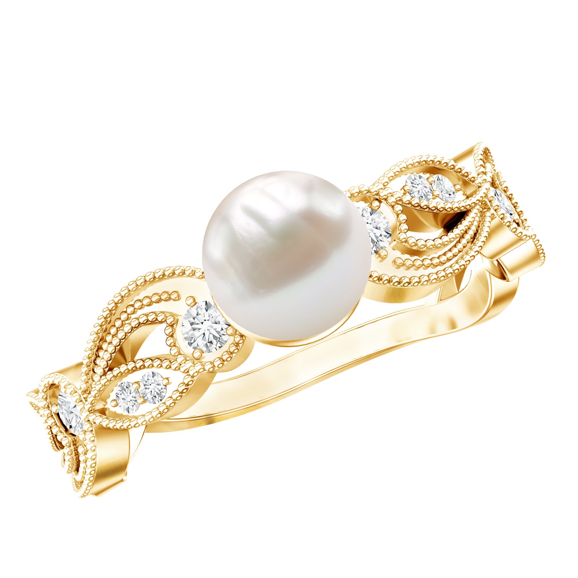 2.5 CT Freshwater Pearl Solitaire Beaded Ring with Diamond