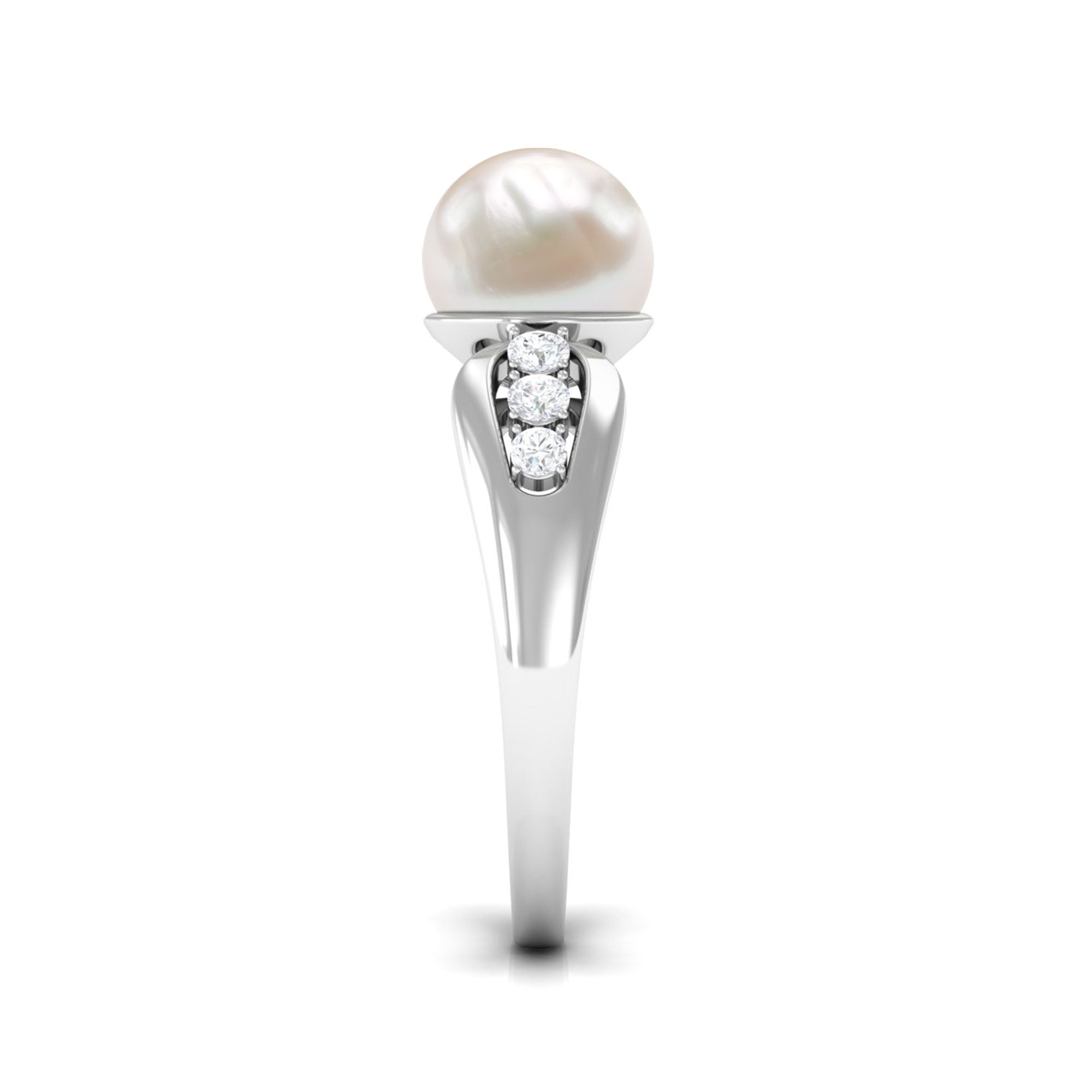 Bead Set Freshwater Pearl Solitaire Ring with Diamond Side Stones