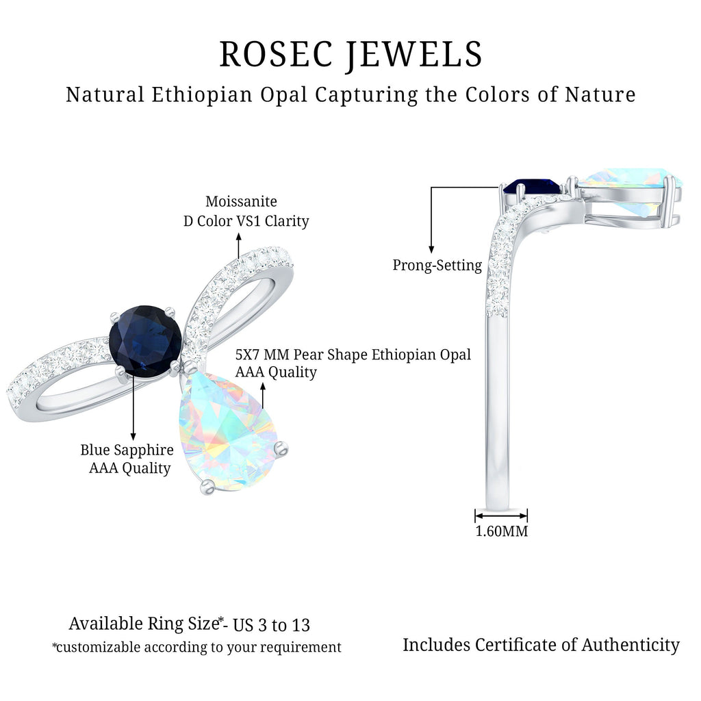 1.25 CT Blue Sapphire and Ethiopian Opal Minimal Chevron Ring with Moissanite