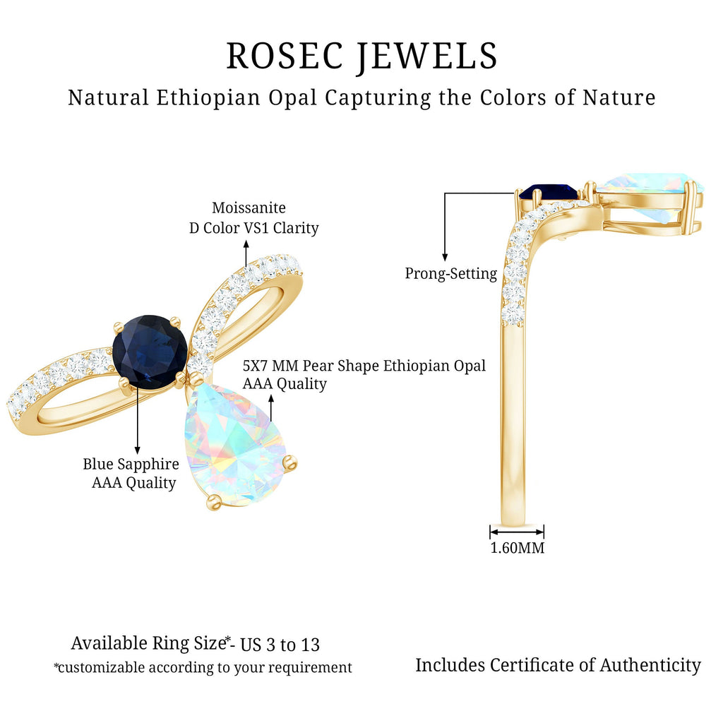1.25 CT Blue Sapphire and Ethiopian Opal Minimal Chevron Ring with Moissanite