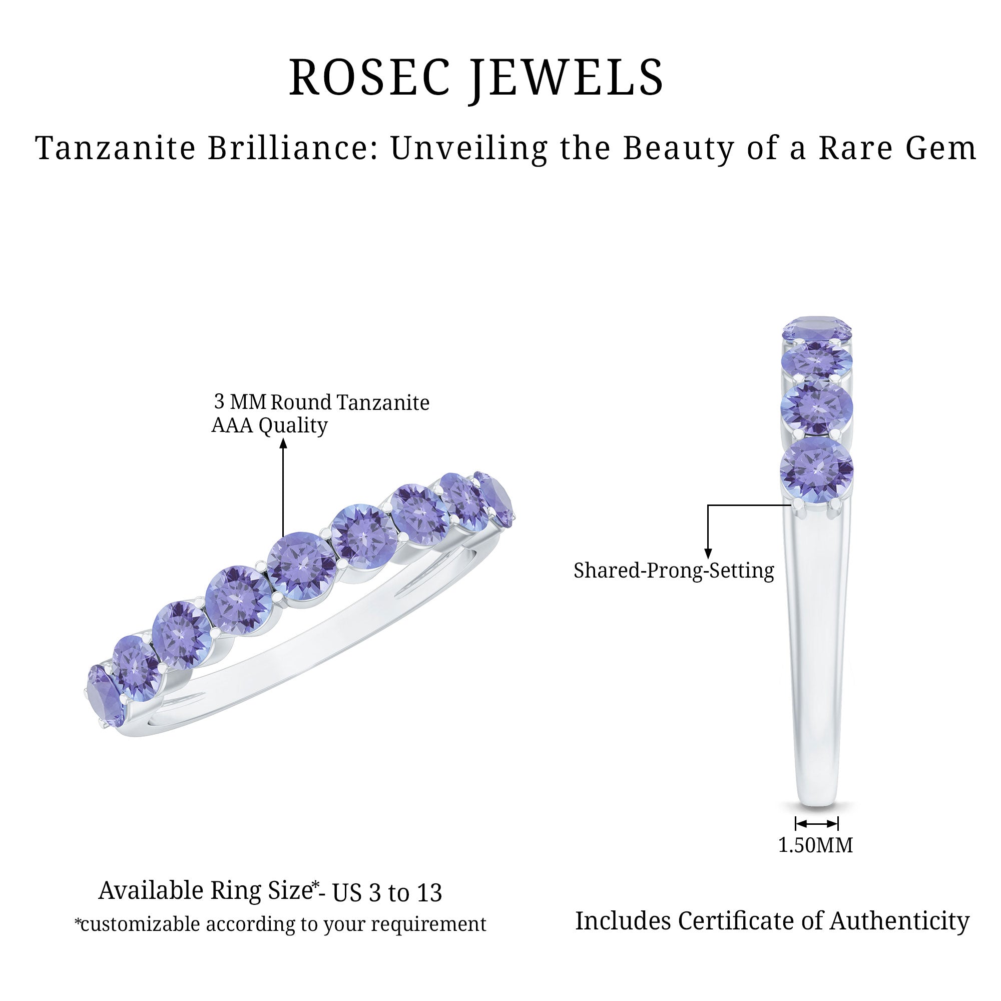 1.25 CT Natural Tanzanite Semi Eternity Ring in Gold