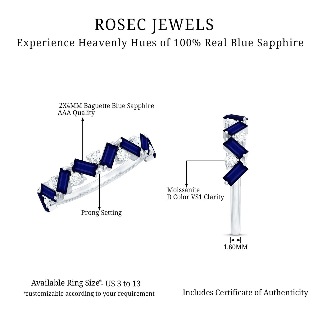 Baguette Cut Natural Blue Sapphire and Moissanite Half Eternity Ring