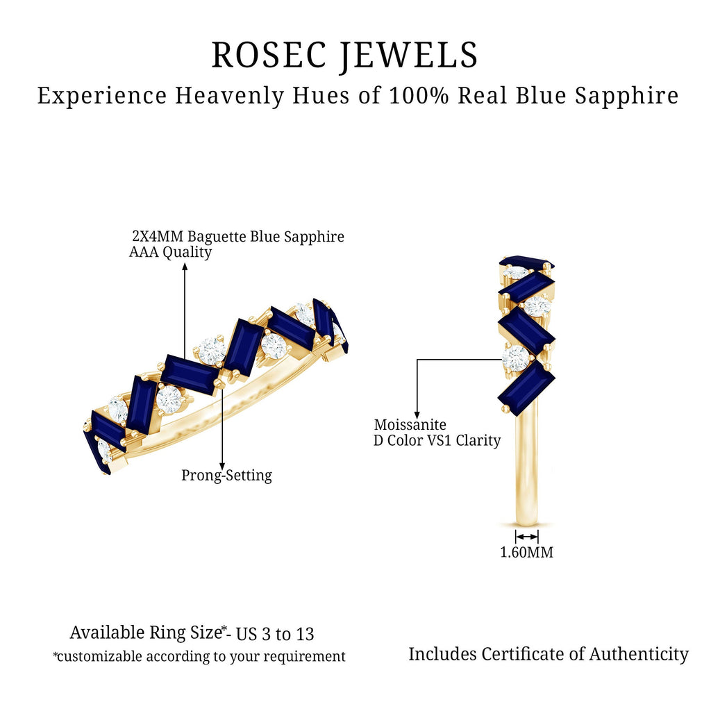 Baguette Cut Natural Blue Sapphire and Moissanite Half Eternity Ring