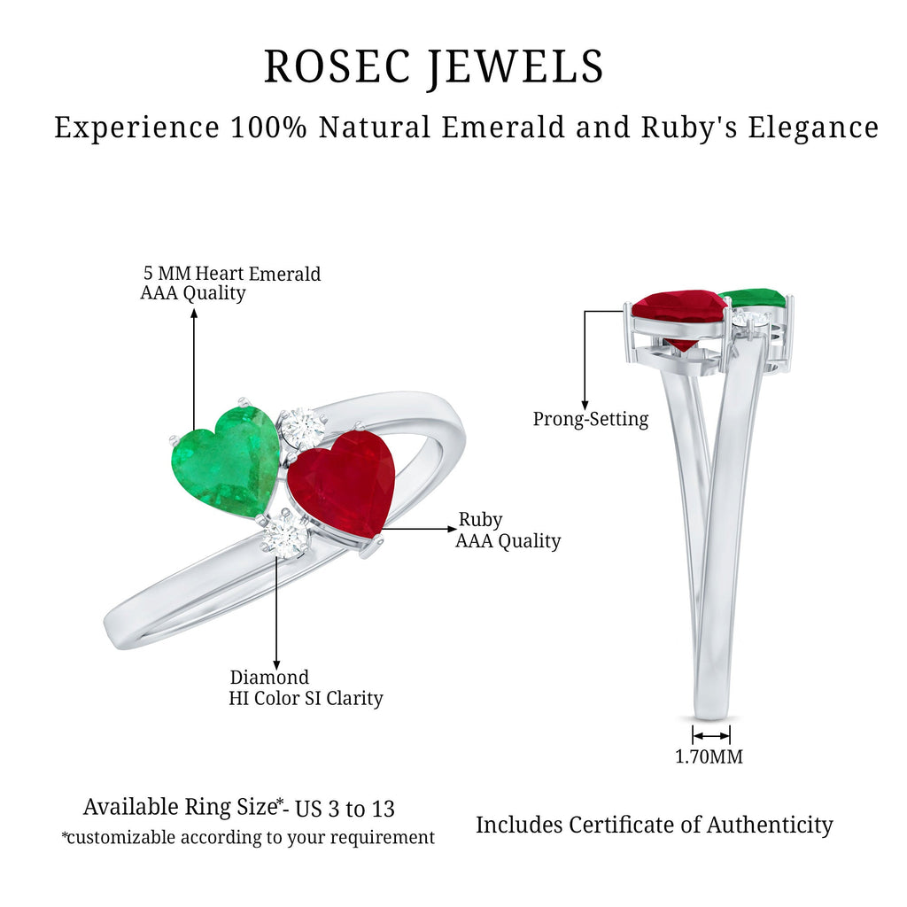 Heart Shaped Ruby Emerald Two Stone Engagement Ring