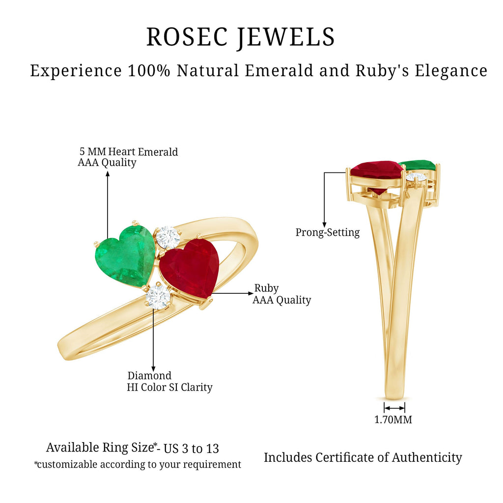 Heart Shaped Ruby Emerald Two Stone Engagement Ring
