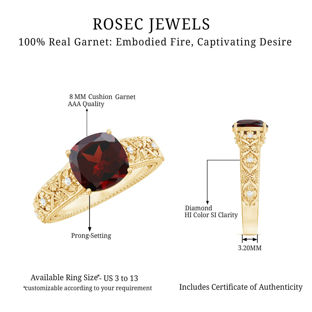 Nature Inspired 8mm Garnet Cushion Cut Engagement Ring with Diamond