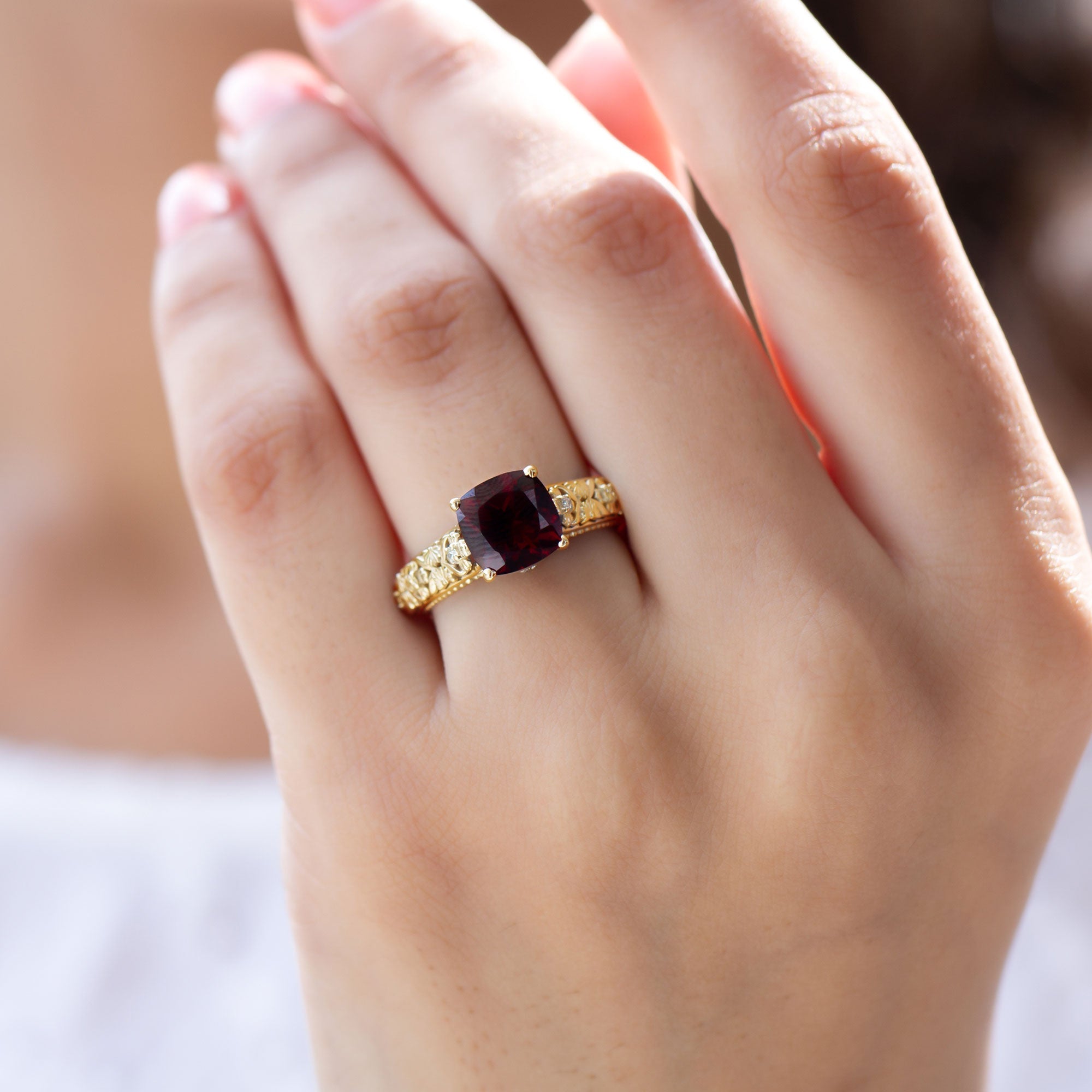 Nature Inspired 8mm Garnet Cushion Cut Engagement Ring with Diamond