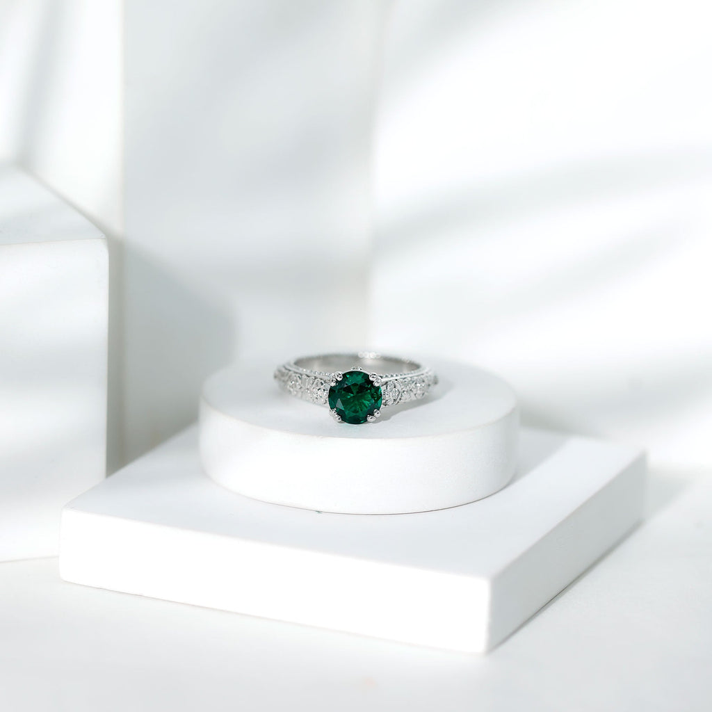 8 mm Round Lab Created Emerald Antique Looking Engagement Ring with Diamond