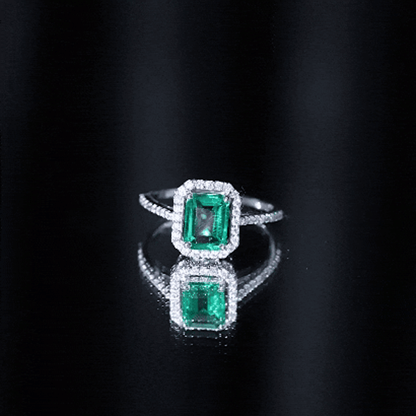 6X8 MM Lab Created Emerald Halo Engagement Ring With Moissanite