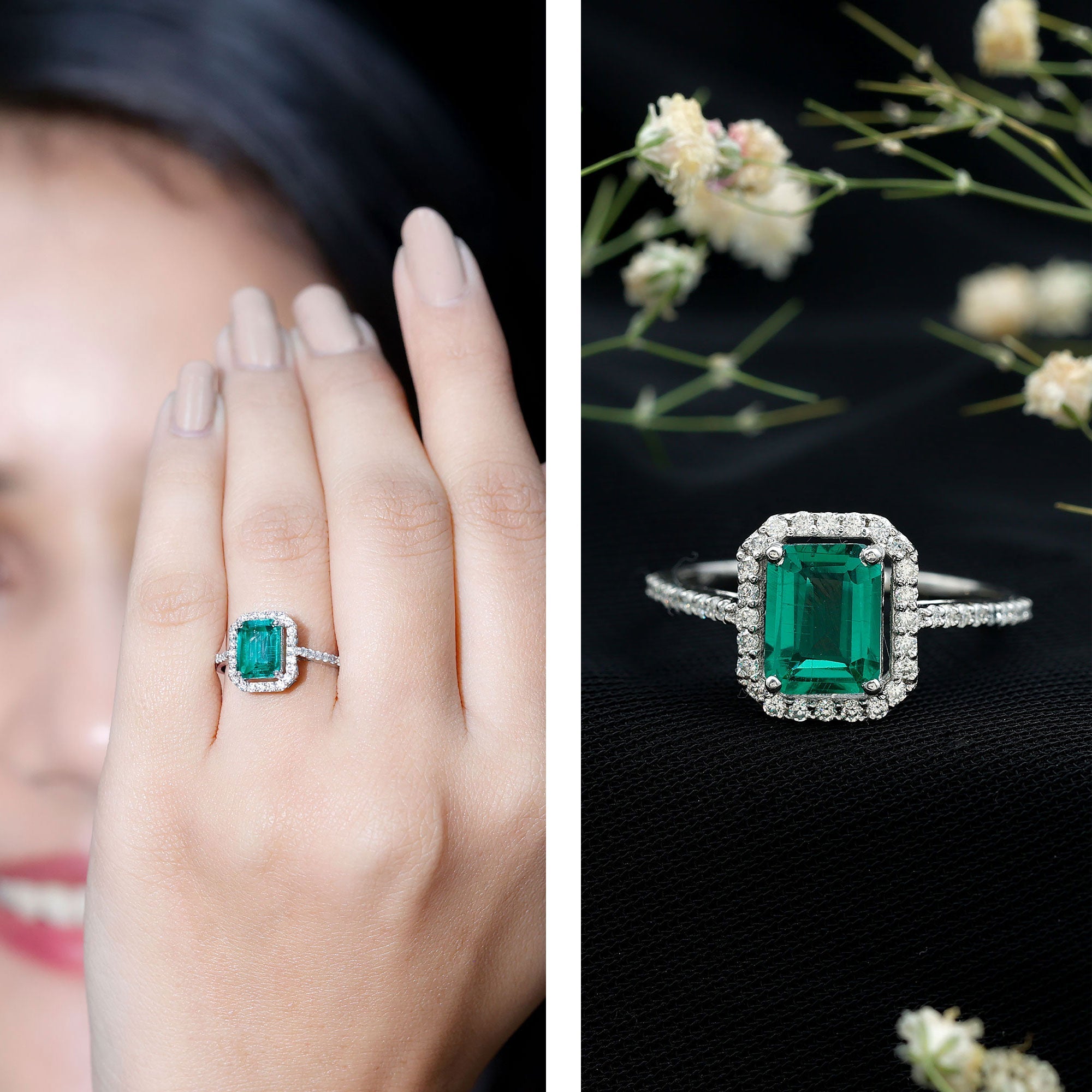 6X8 MM Lab Created Emerald Halo Engagement Ring With Moissanite