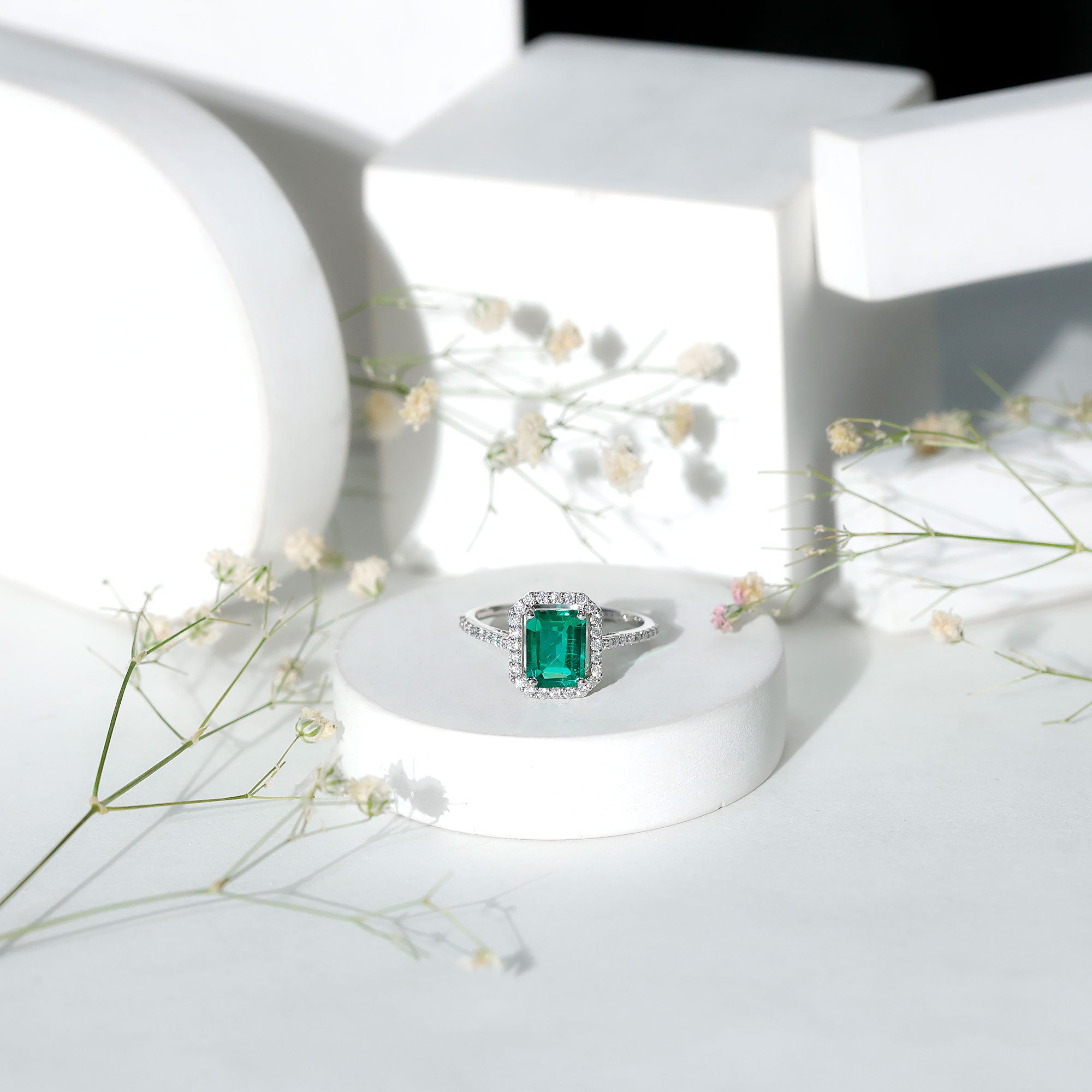 6X8 MM Lab Created Emerald Halo Engagement Ring With Moissanite
