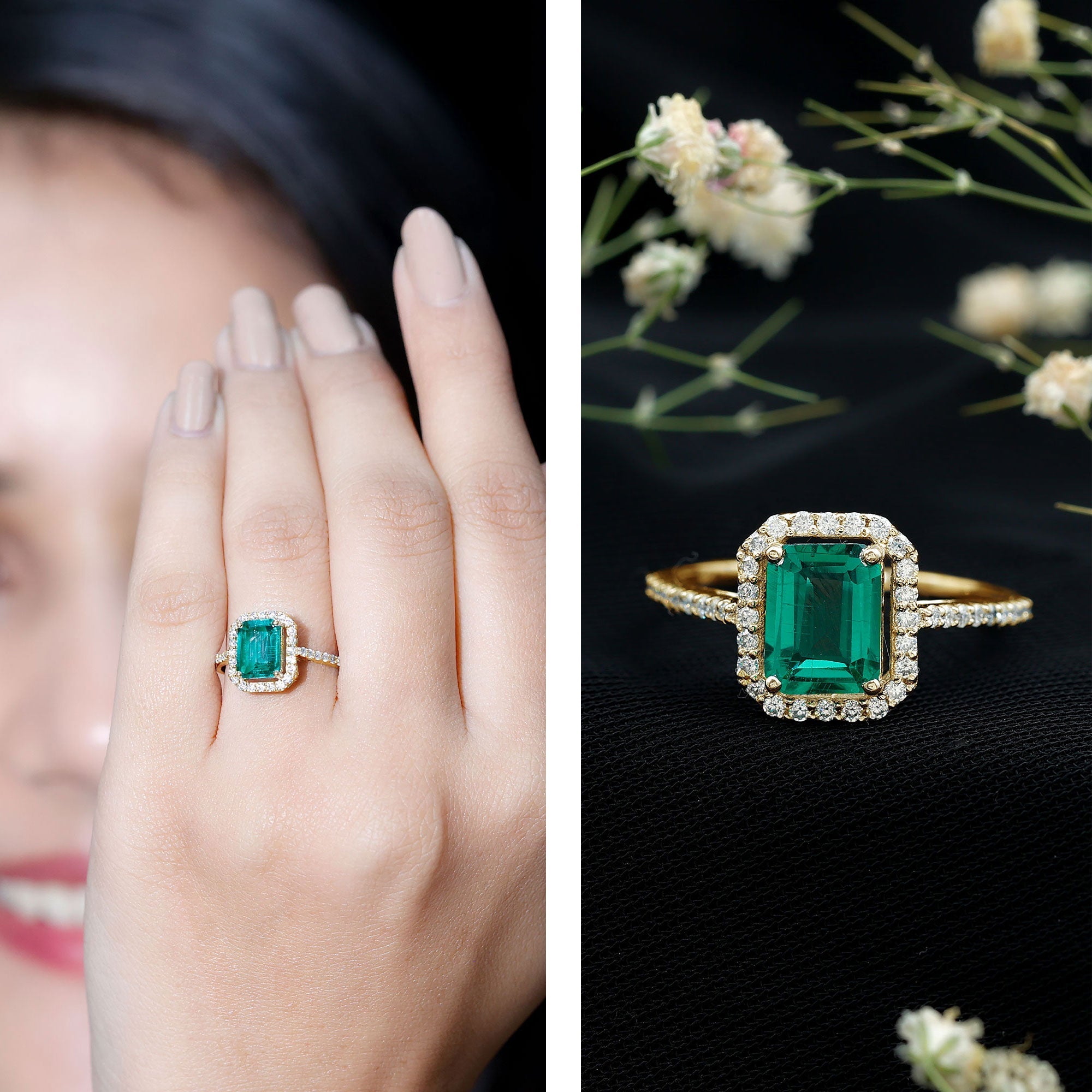 6X8 MM Lab Created Emerald Halo Engagement Ring With Moissanite