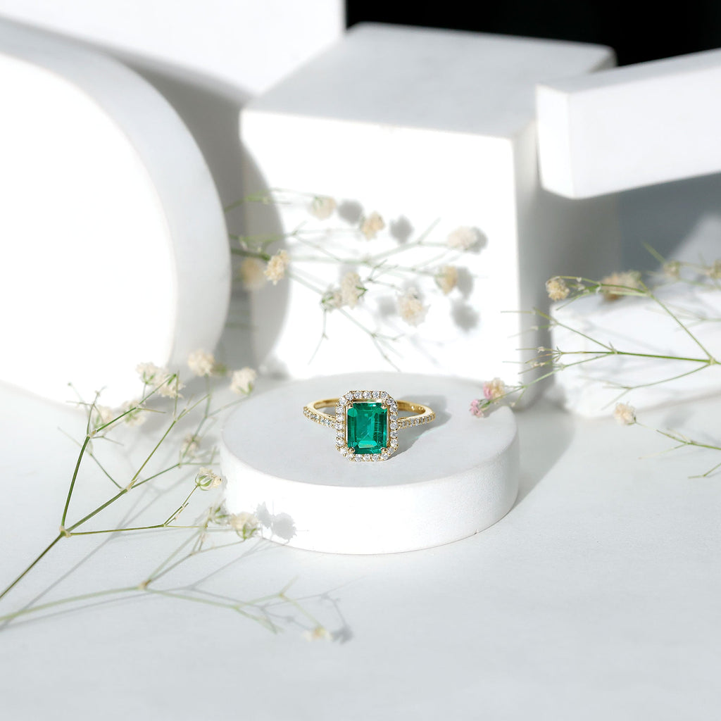 6X8 MM Lab Created Emerald Halo Engagement Ring With Moissanite