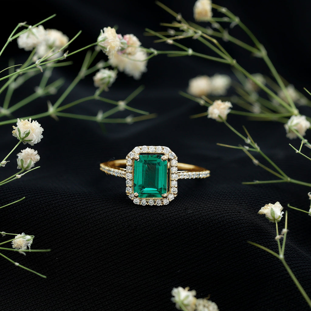 6X8 MM Lab Created Emerald Halo Engagement Ring With Moissanite