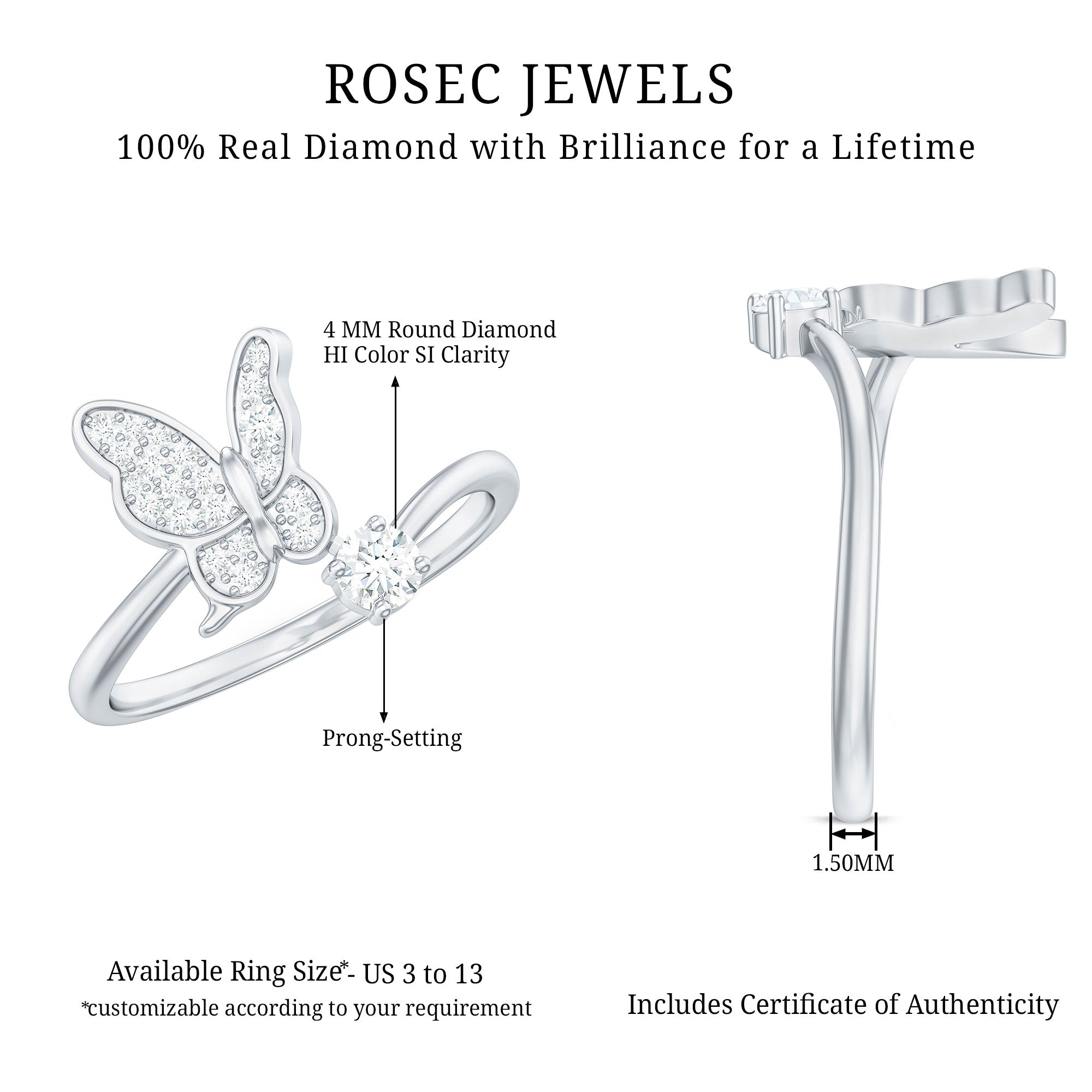 Natural Diamond Butterfly Ring with Certificate