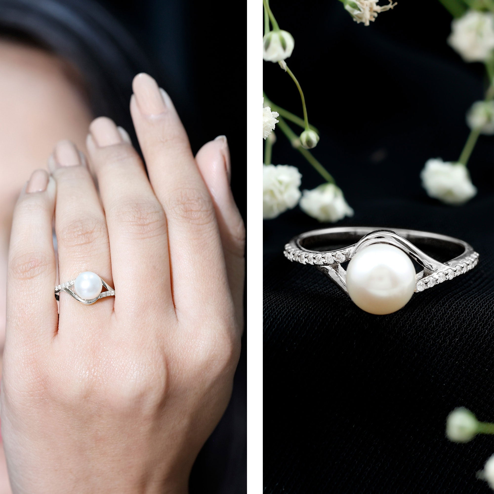 Freshwater Pearl and Diamond Classic Engagement Ring