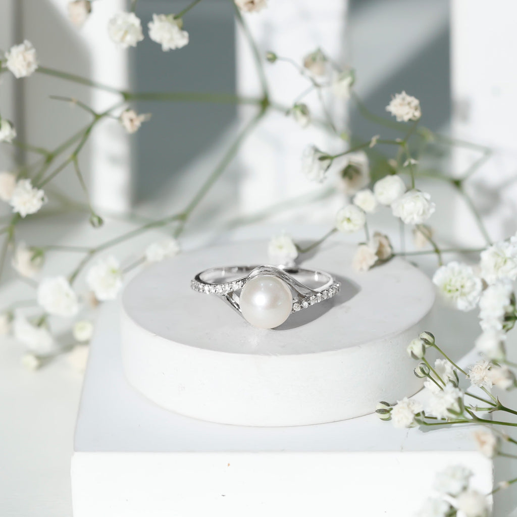 Freshwater Pearl and Diamond Classic Engagement Ring