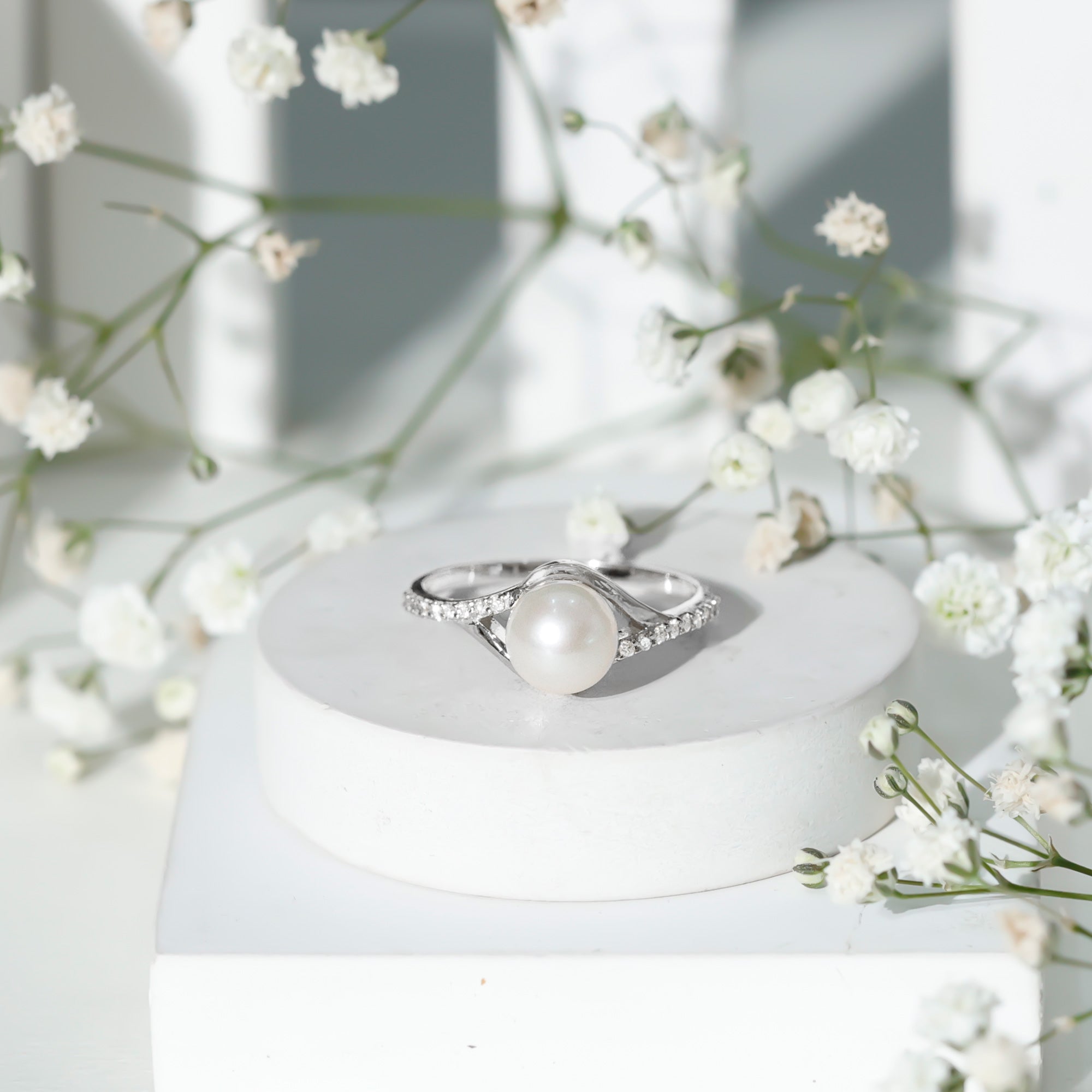 Freshwater Pearl and Diamond Classic Engagement Ring