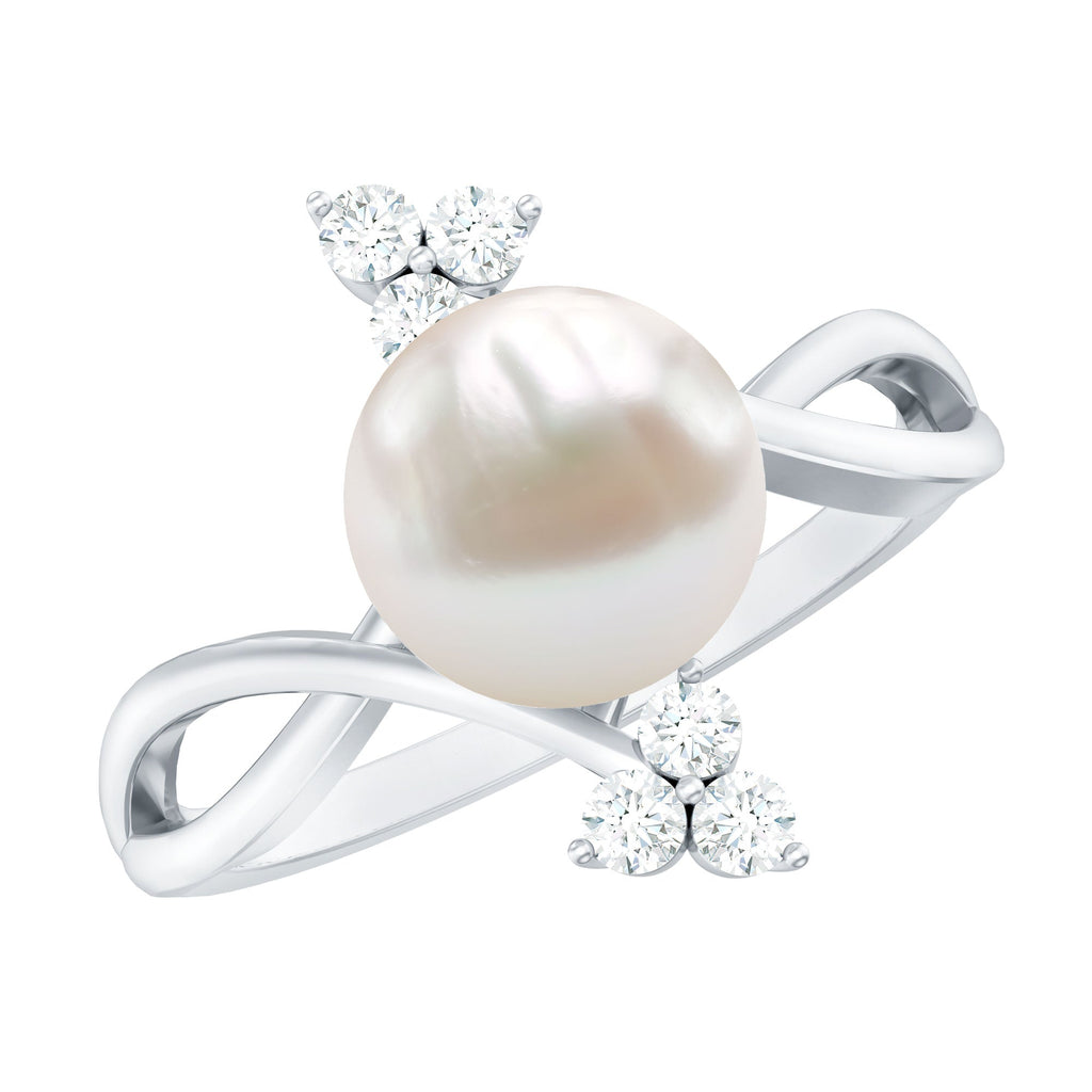 Freshwater Pearl Solitaire Ring with Diamond Trio