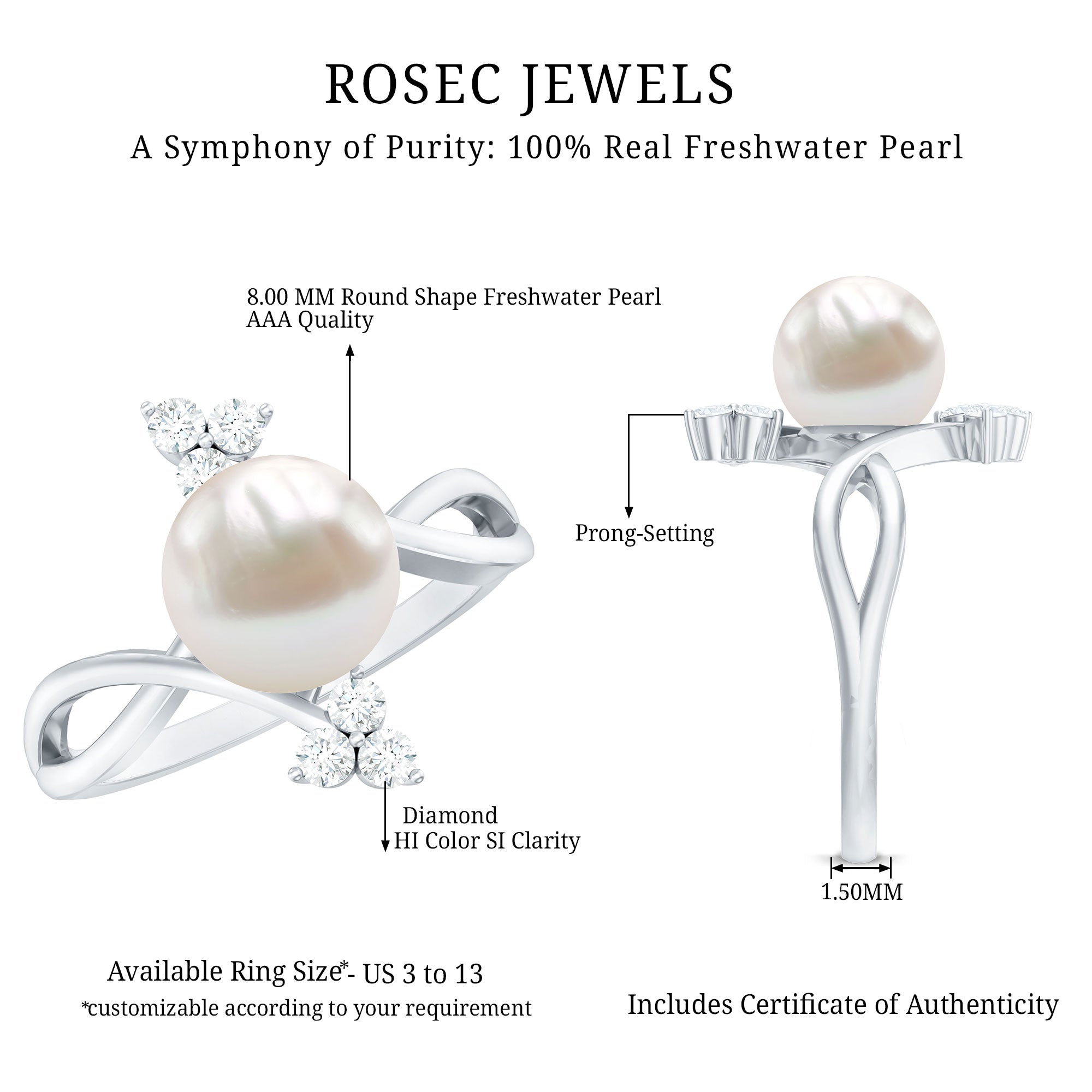 Freshwater Pearl Solitaire Ring with Diamond Trio