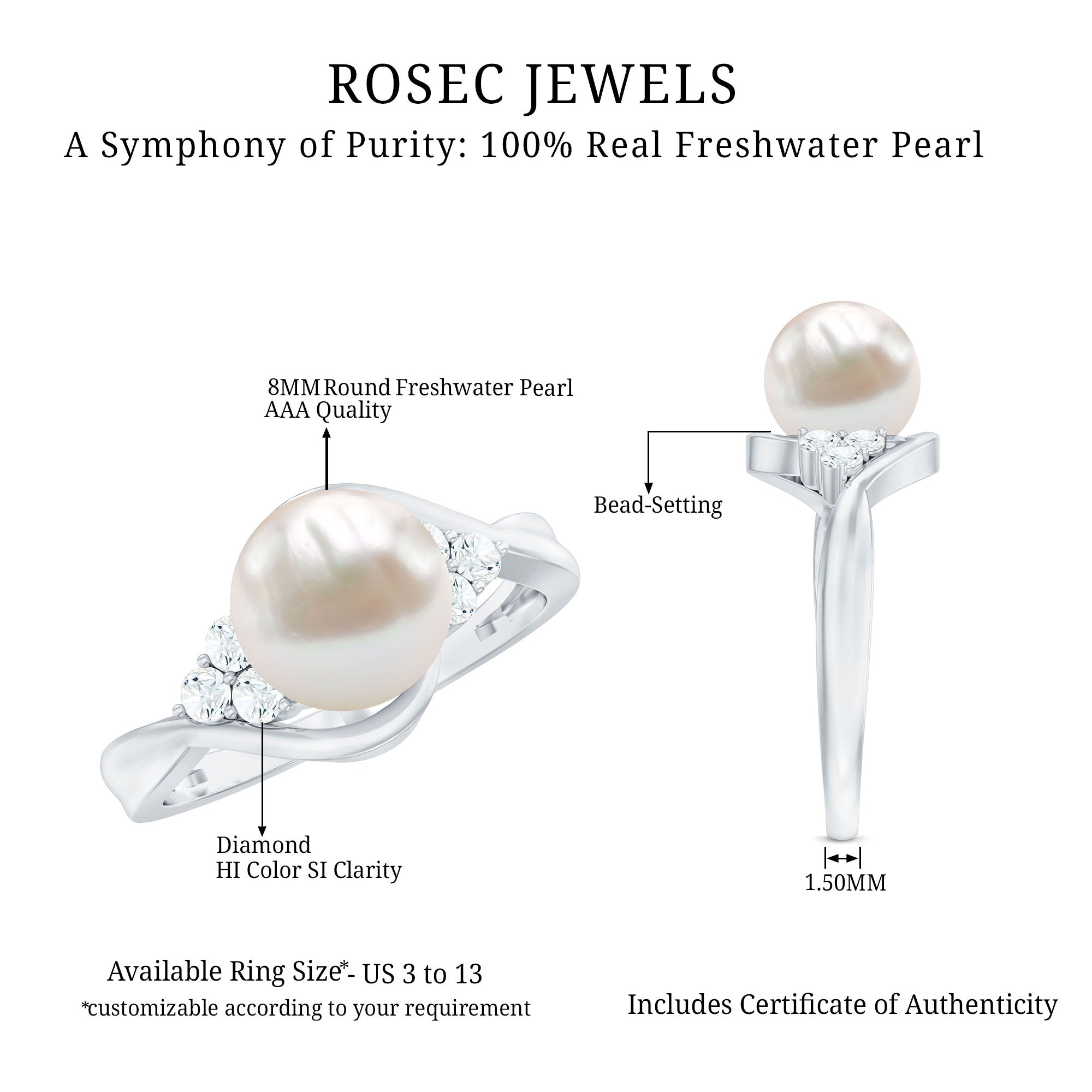 Pure Freshwater Pearl Bypass Engagement Ring with Diamond Trio