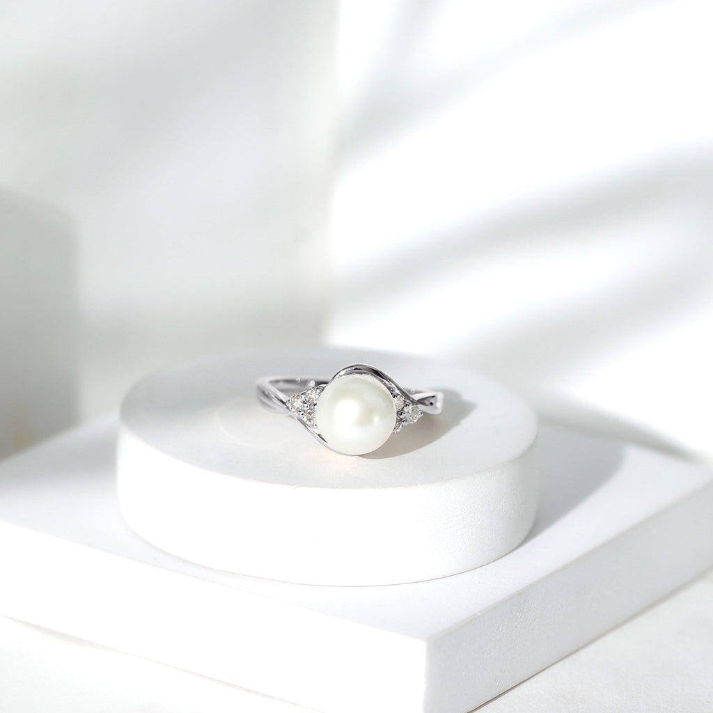 Pure Freshwater Pearl Bypass Engagement Ring with Diamond Trio