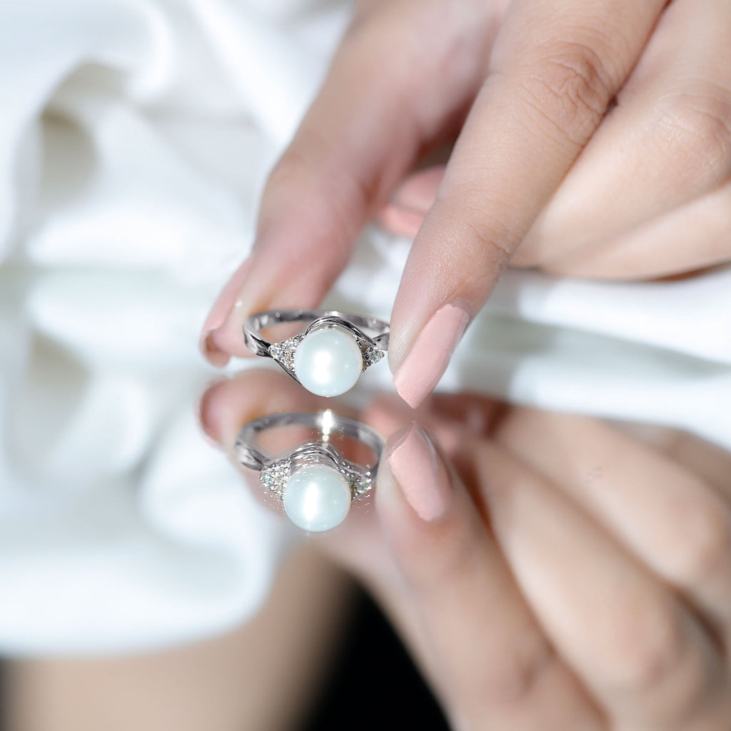 Pure Freshwater Pearl Bypass Engagement Ring with Diamond Trio