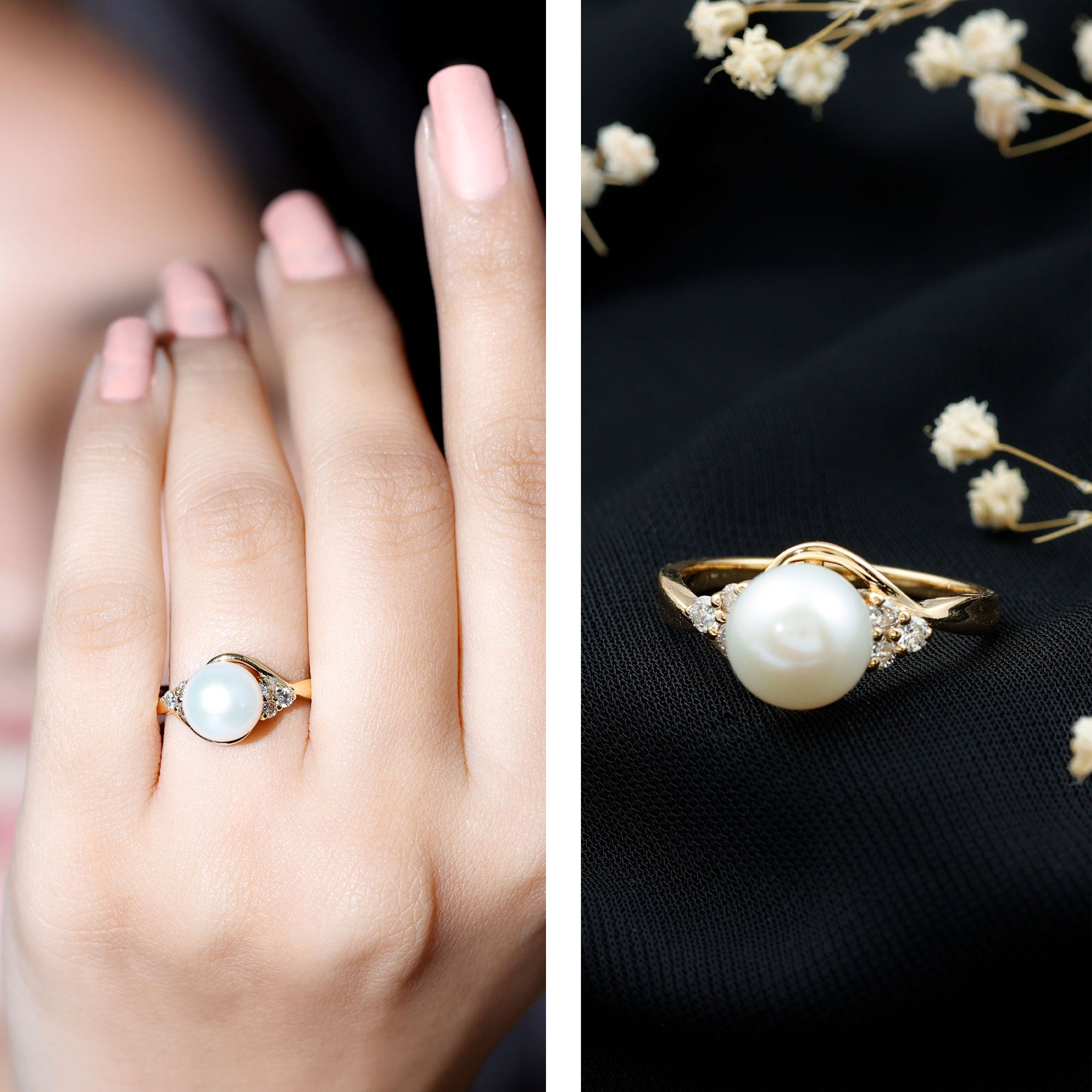 Pure Freshwater Pearl Bypass Engagement Ring with Diamond Trio
