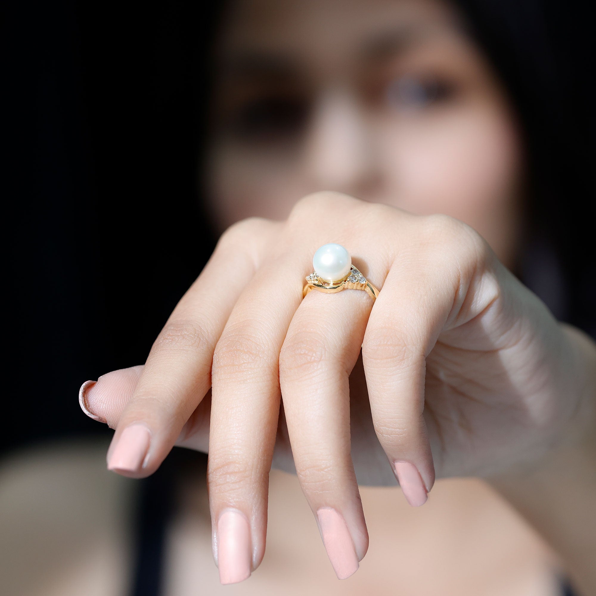 Pure Freshwater Pearl Bypass Engagement Ring with Diamond Trio
