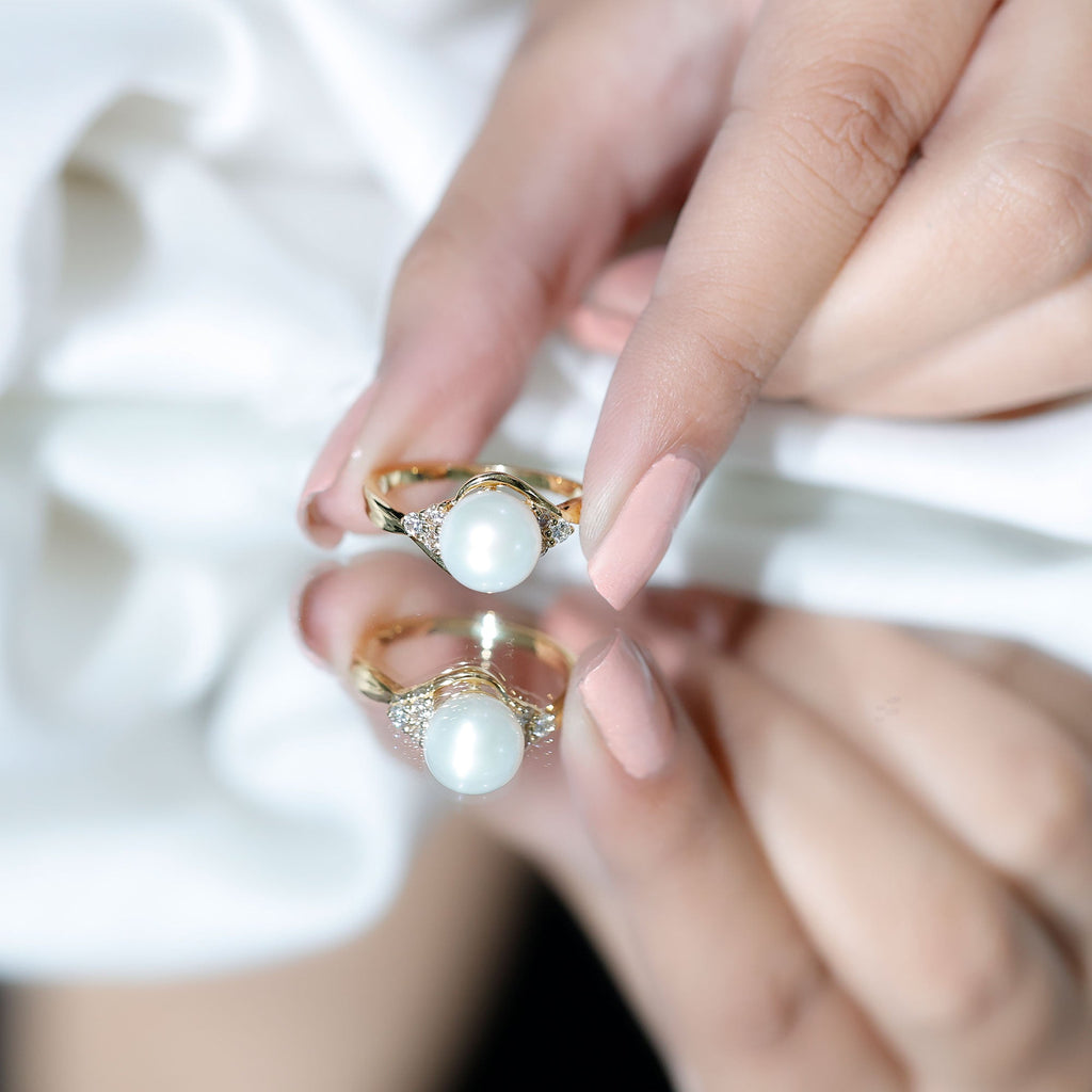 Pure Freshwater Pearl Bypass Engagement Ring with Diamond Trio