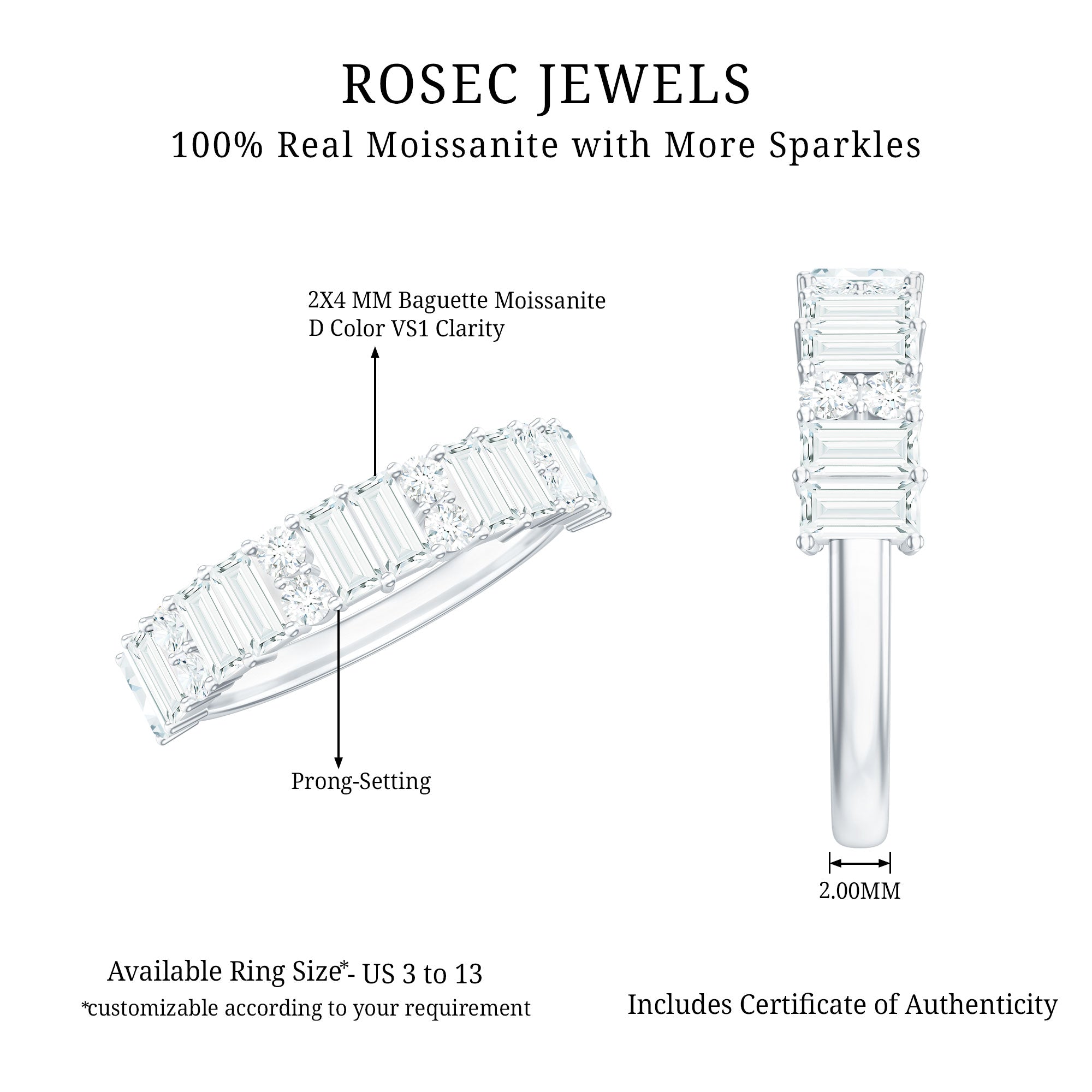 Baguette and Round Moissanite Half Eternity Band Ring