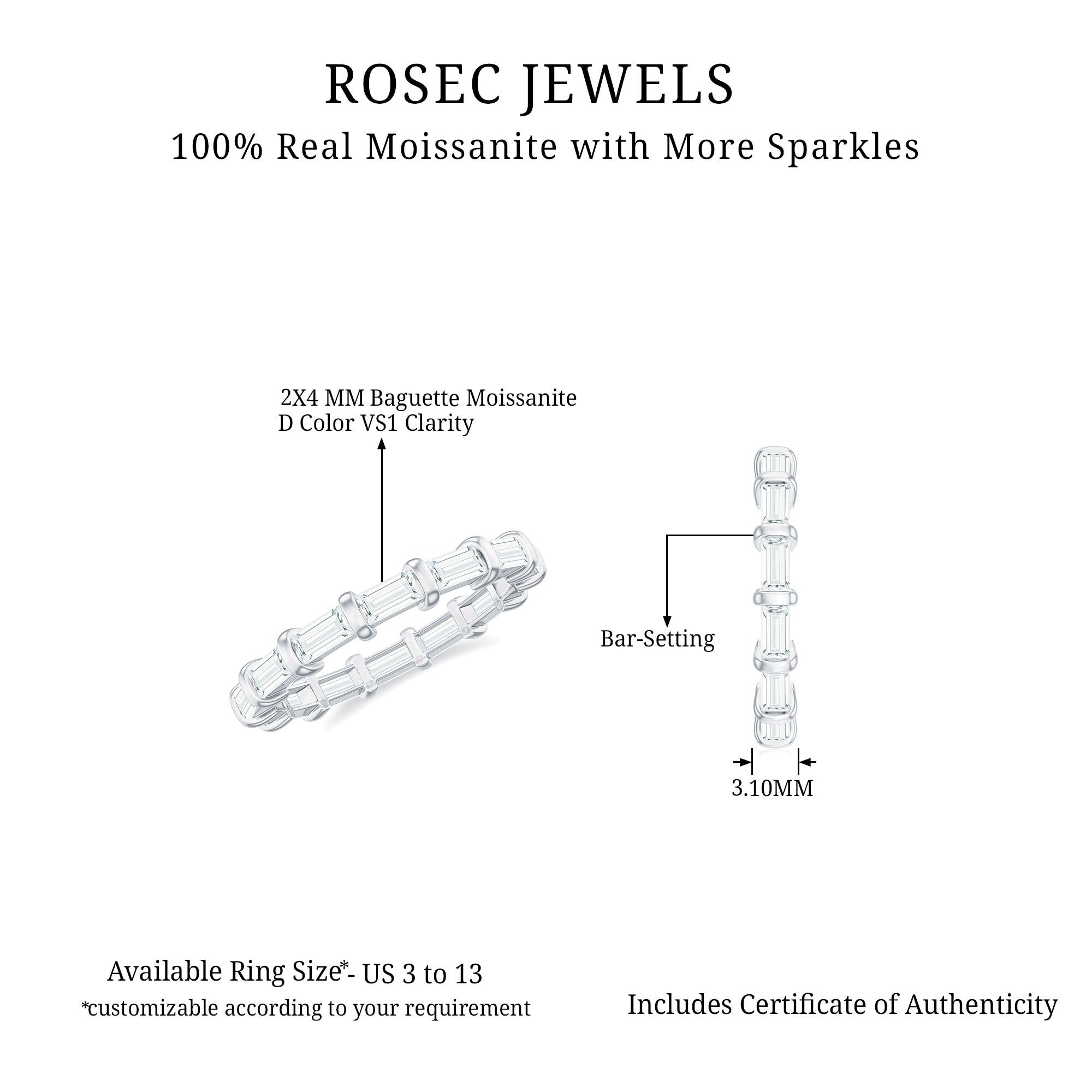 Certified Baguette Cut Moissanite East West Eternity Ring