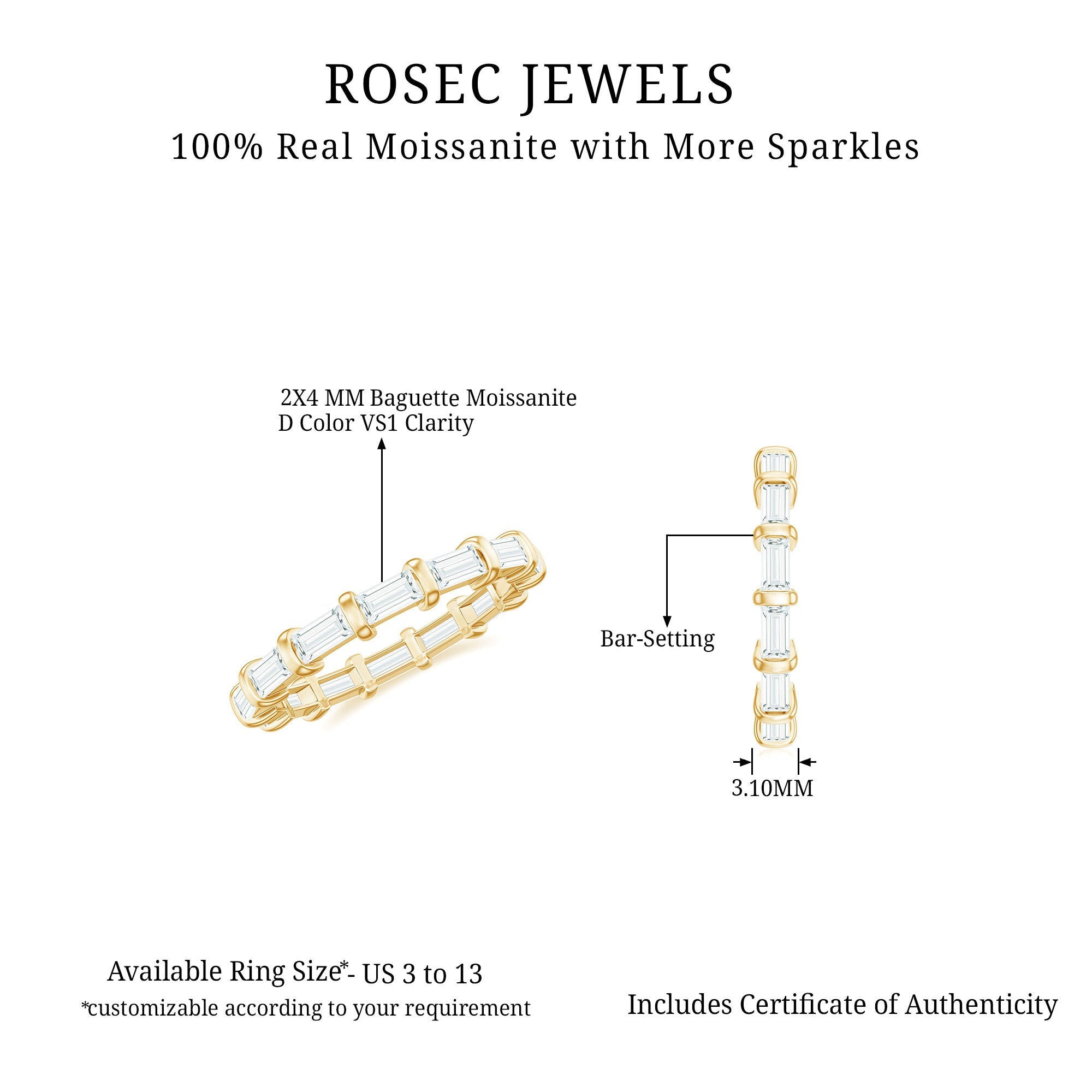 Certified Baguette Cut Moissanite East West Eternity Ring