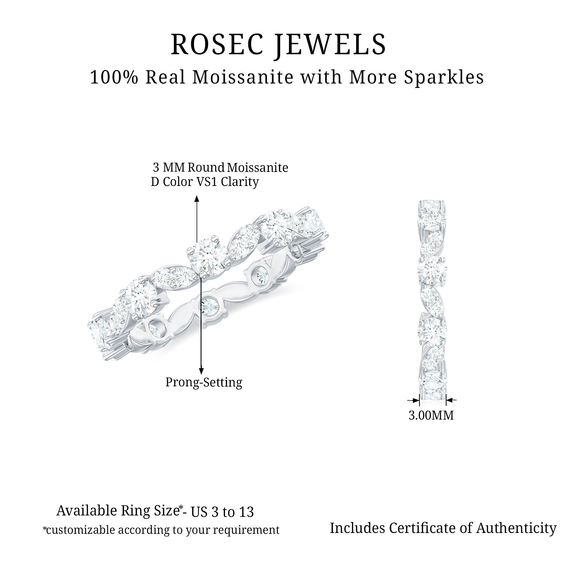 Certified Moissanite Eternity Wedding Band Ring in Prong Setting