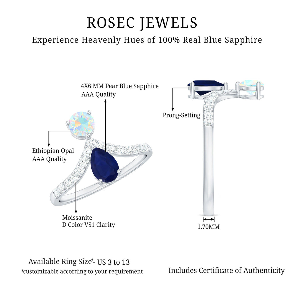 Blue Sapphire and Ethiopian Opal Two Stone Engagement Ring with Moissanite