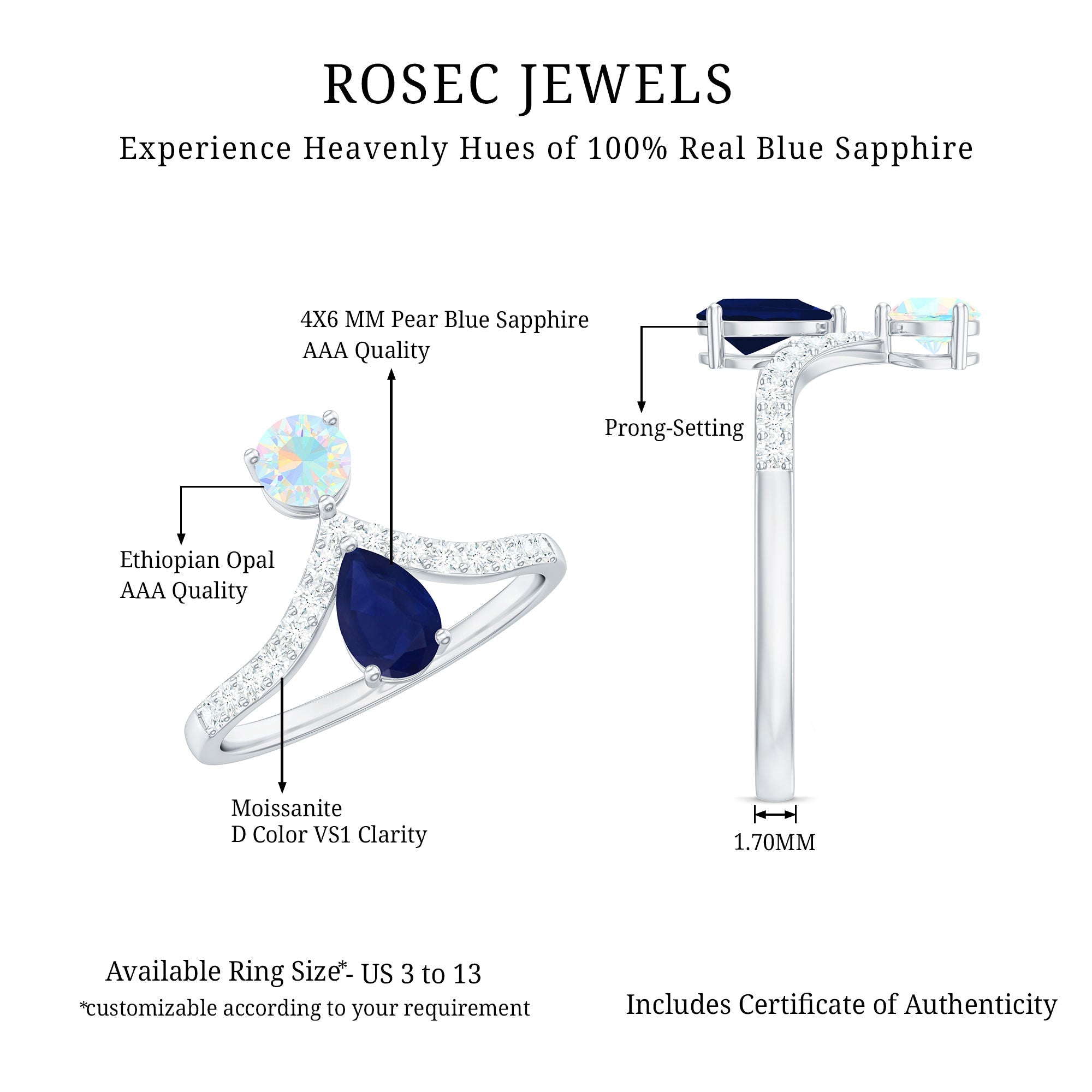 Blue Sapphire and Ethiopian Opal Two Stone Engagement Ring with Moissanite