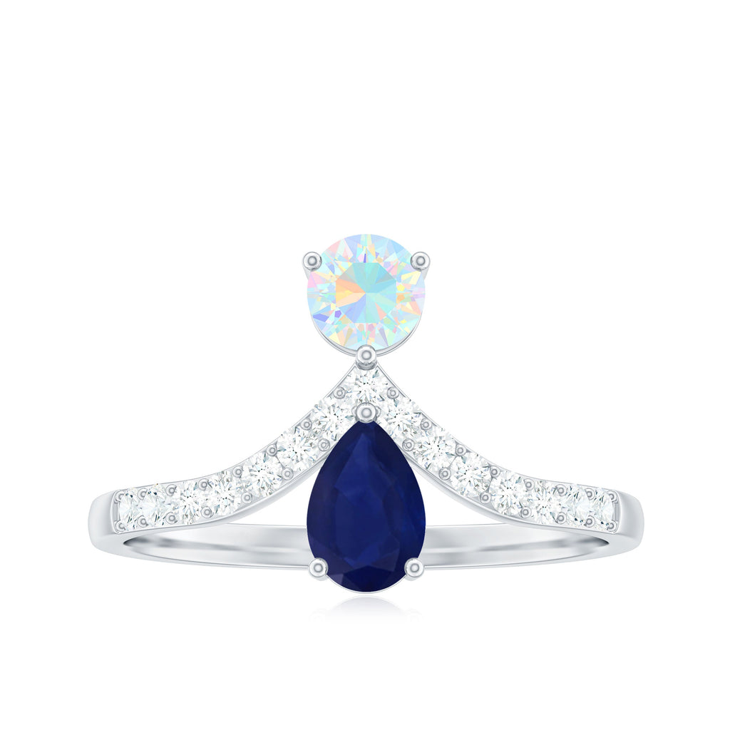Blue Sapphire and Ethiopian Opal Two Stone Engagement Ring with Moissanite