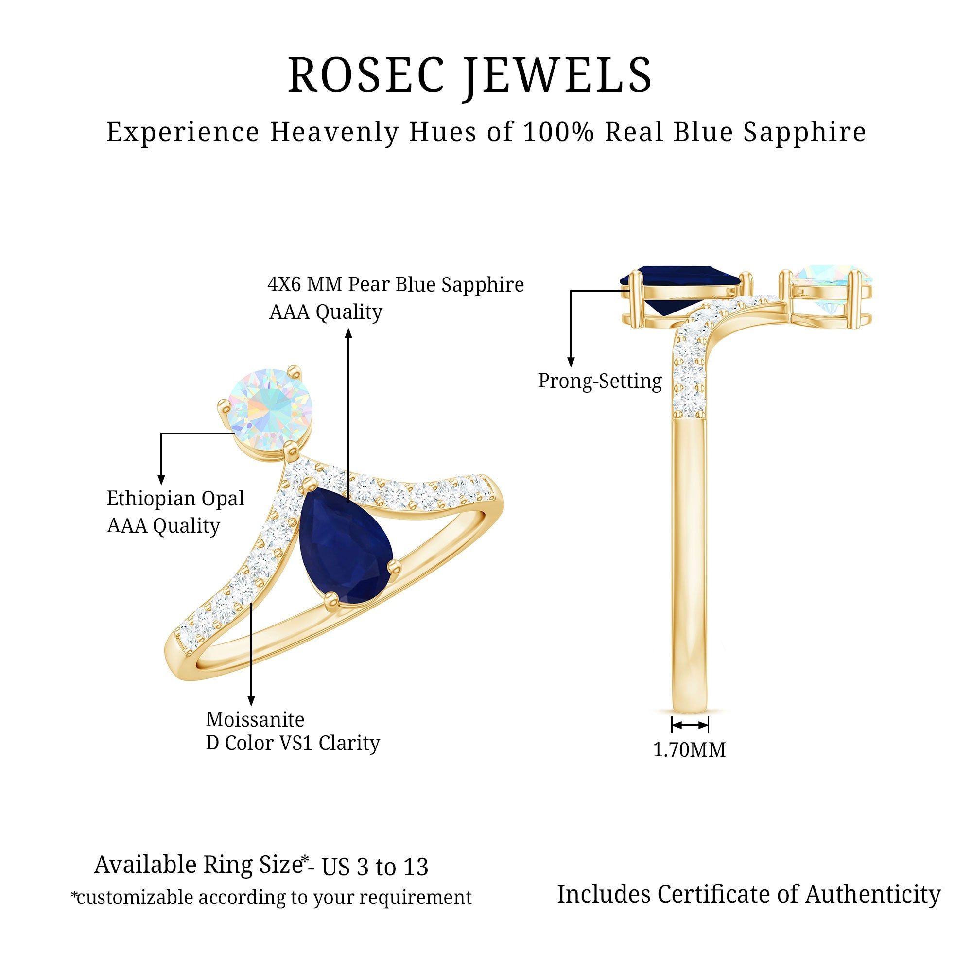 Blue Sapphire and Ethiopian Opal Two Stone Engagement Ring with Moissanite