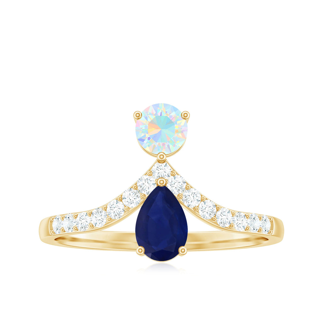 Blue Sapphire and Ethiopian Opal Two Stone Engagement Ring with Moissanite
