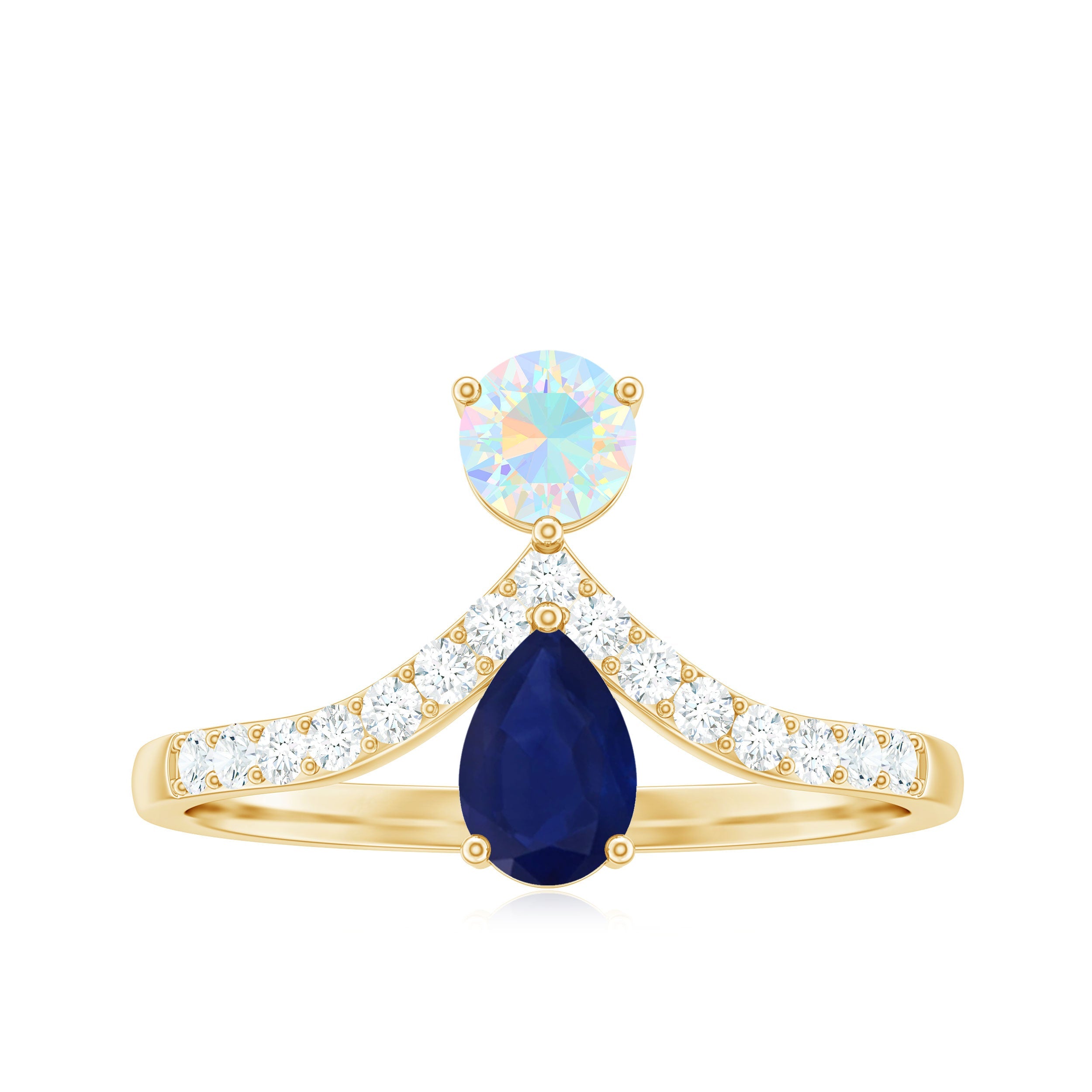 Blue Sapphire and Ethiopian Opal Two Stone Engagement Ring with Moissanite