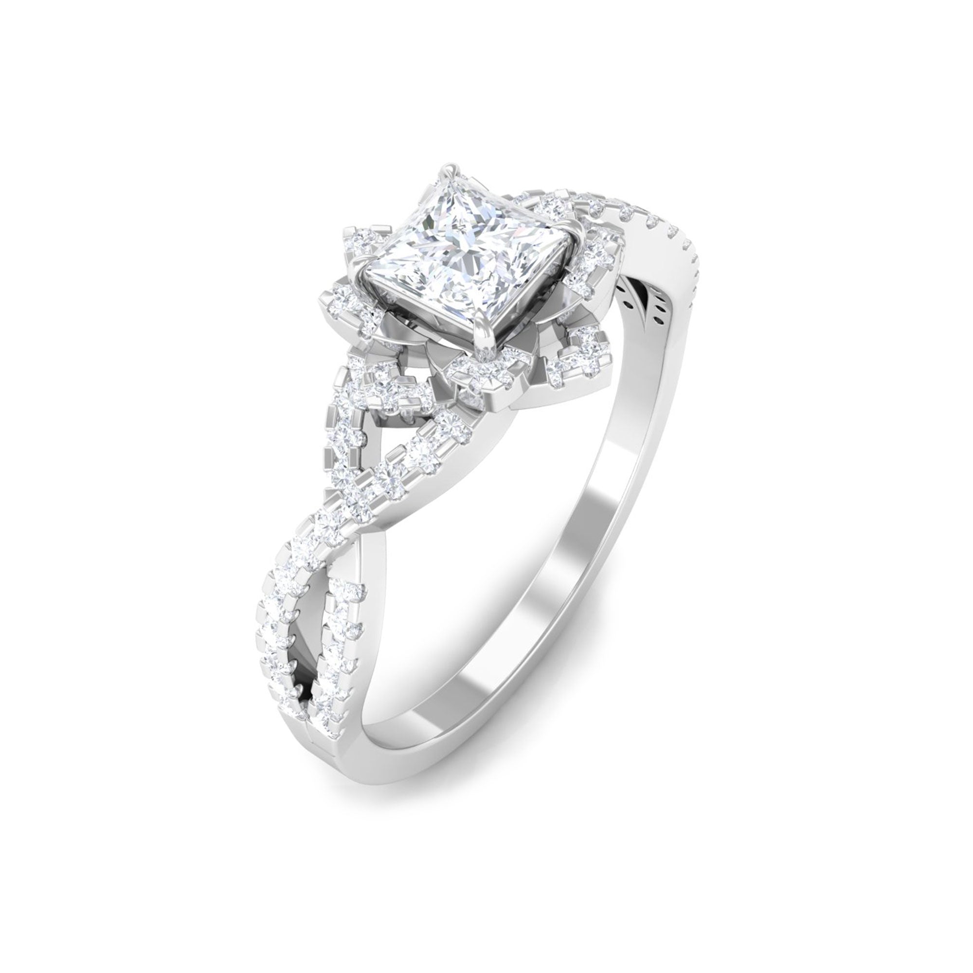 Natural Princess Cut Diamond Flower Engagement Ring with Crossover Shank
