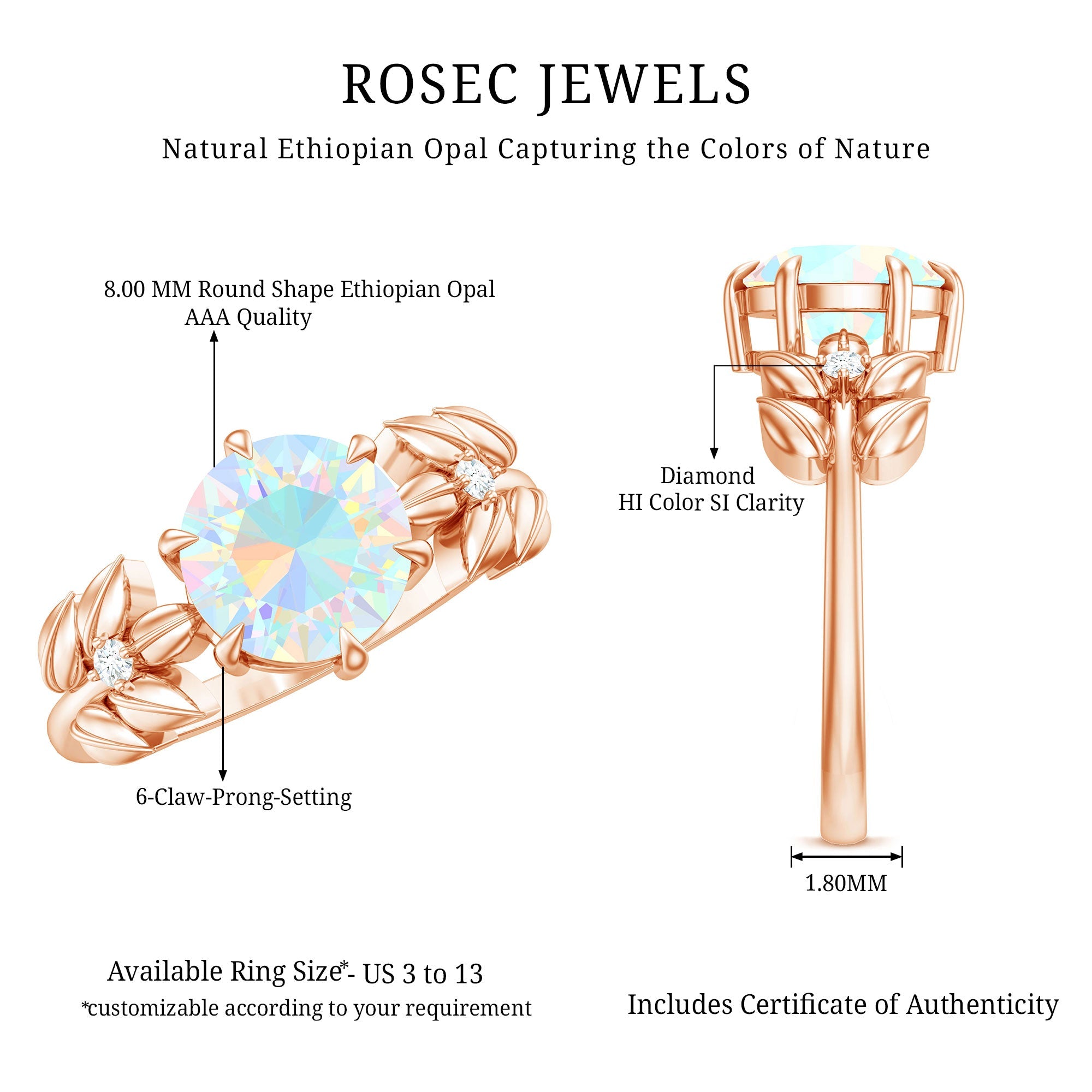 Nature Inspired 8mm Ethiopian Opal Diamond Engagement Ring